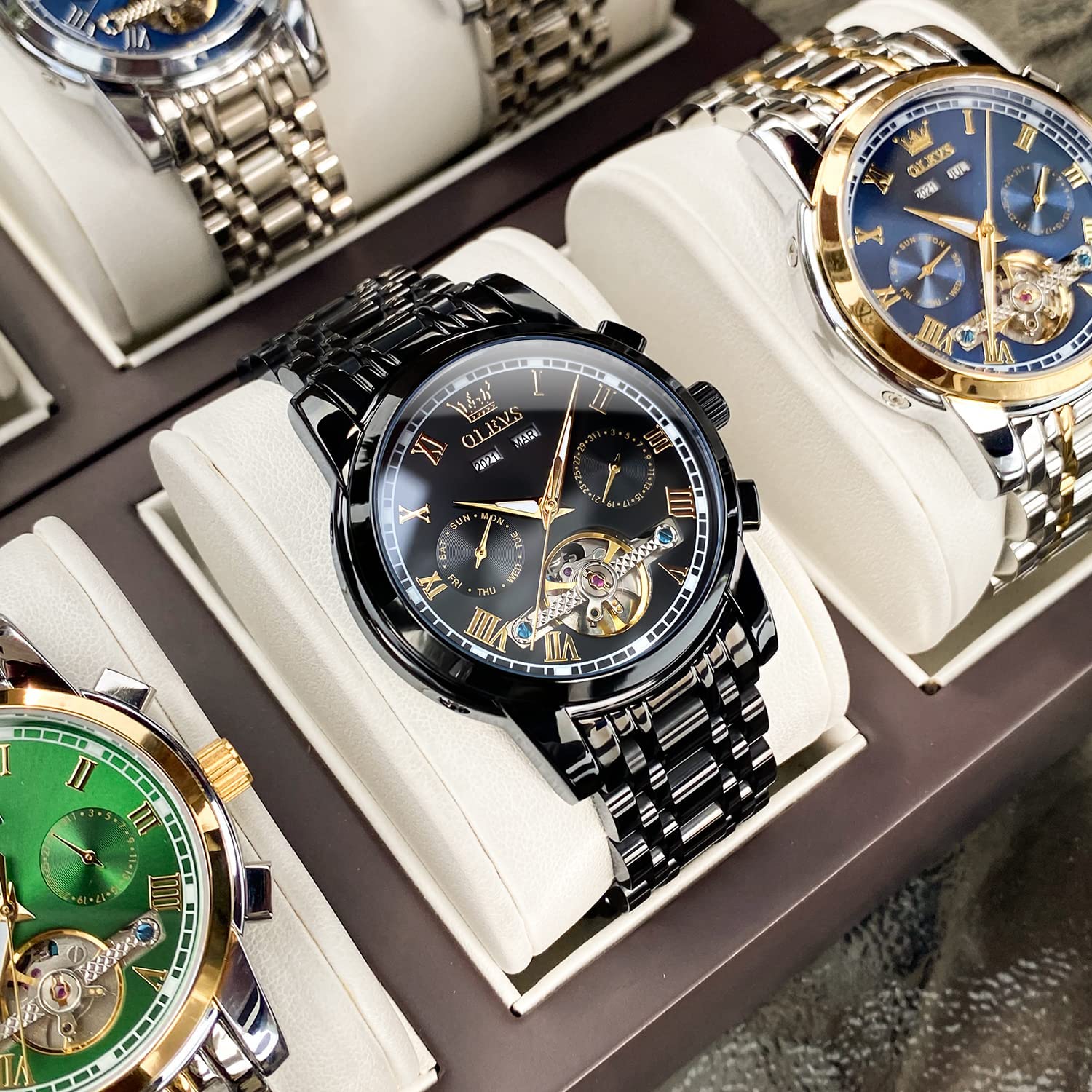 OLEVS Automatic Self-Winding Men's Watch - Stainless Steel Tourbillon Mechanical Watch with Luminous Hands, Waterproof Luxury Dress Watch for Business & Formal Occasions