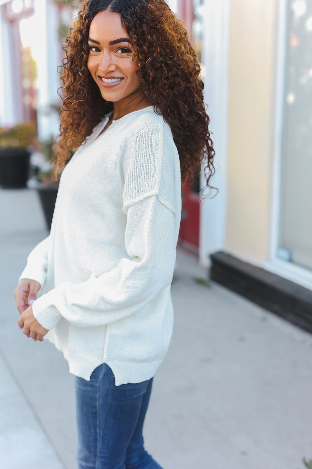 Ivory Oversized Notched Neck Patch Sweater for Women - Cozy Winter Pullover for Casual Outings & Layering