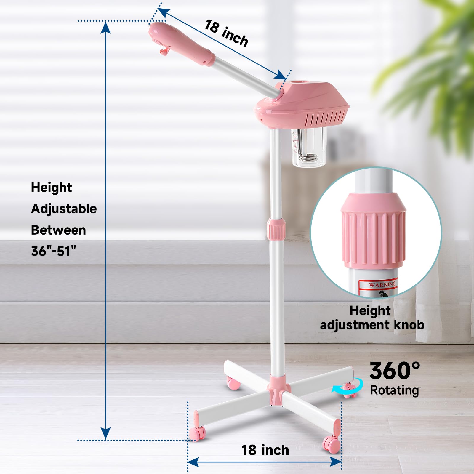 Professional Facial Steamer with Wheels - Ozone & Standing Face Steamer for Salon & Home Use, Touch Control & Timer, Pink | Perfect for Spa Treatments, Skin Hydration & Deep Cleansing