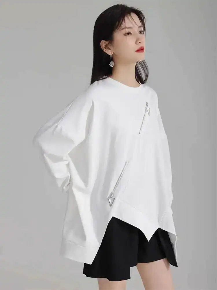Black Irregular Hem Zipper Sweatshirt for Women - Oversized Round Neck Long Sleeve Pullover | Trendy 2025 Fall & Spring Fashion | Perfect for Casual Outfits, Streetwear, and Layering