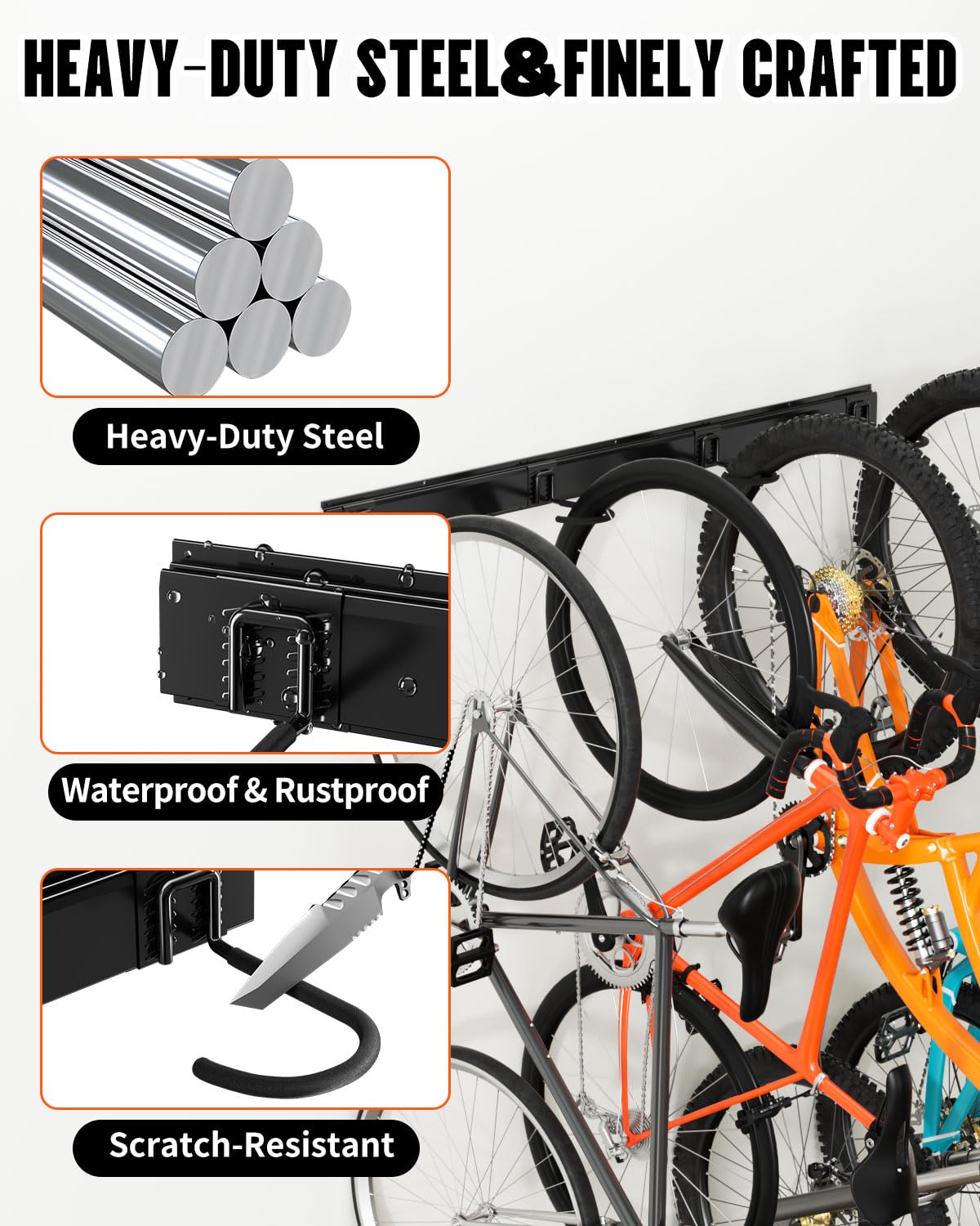 Heavy Duty Bike Rack Wall Mount - 300 lbs Capacity Adjustable Garage Bike Hooks with 4 Hooks & 3 Rails (48 Inch Black) - Perfect for Indoor Bike Storage, Garage Organization & Space Saving Solutions