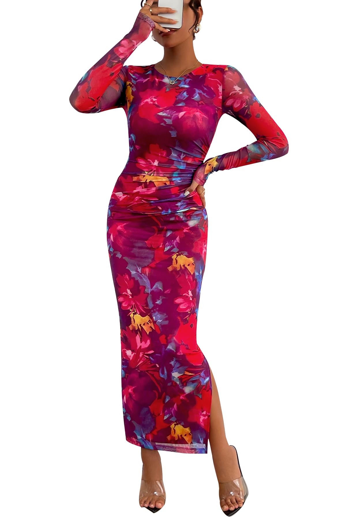 CFLONGE Women's Floral Print Long Sleeve Bodycon Dress - Ruched Cocktail Party & Wedding Guest Maxi Dress - Perfect for Evening Events, Date Nights & Special Occasions
