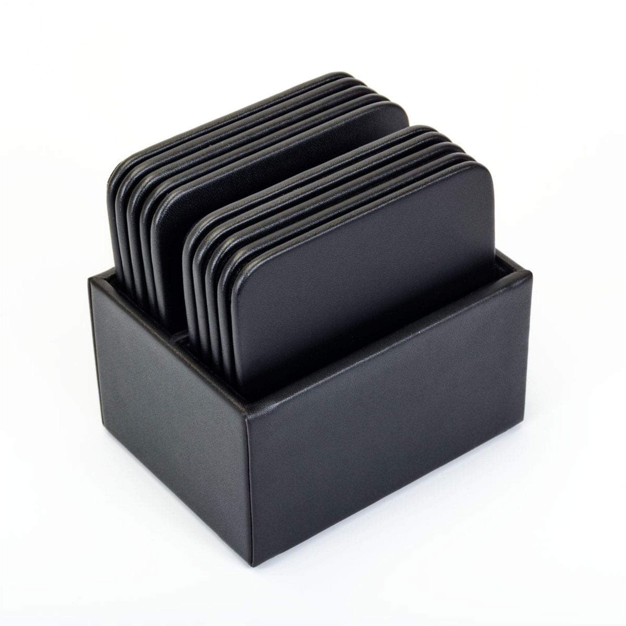 Premium Dacasso Black Leather 10-Piece Square Coaster Set with Elegant Holder - Perfect for Home, Office, Bar, and Dining Table Protection