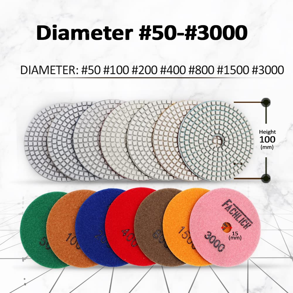 4 Inch Wet Diamond Polishing Pads Set - 11pcs Mixed Grits for Granite, Marble & Quartz Countertops - Professional Sanding & Polishing Pads for Grinders - Perfect for Kitchen Renovation & Stone Restoration Projects
