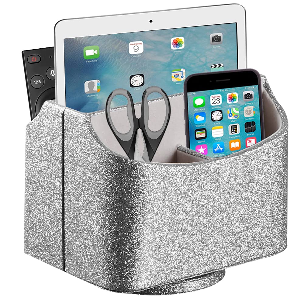 360° Rotating PU Leather Remote Control Holder - Desk Organizer for TV Remote, Controllers, Phone, Mail & Office Supplies | Home & Office Storage Solution (Silver)