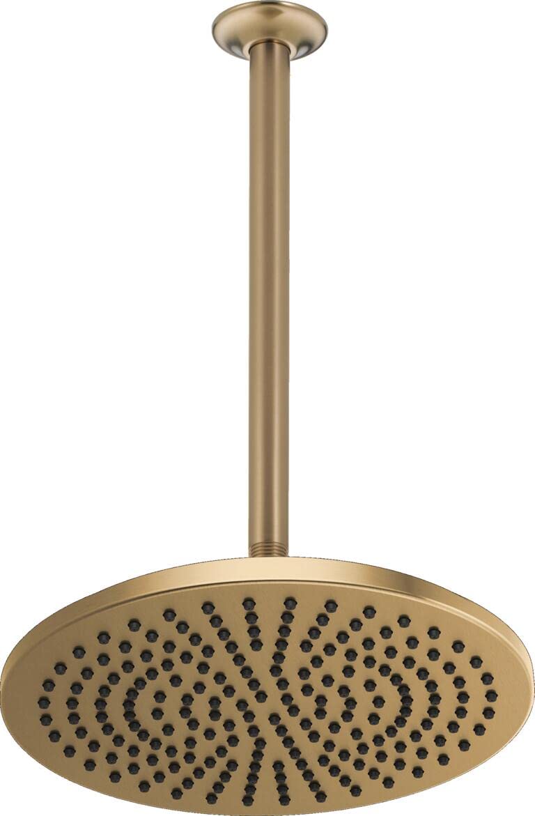 Delta Faucet Rain Shower Head - 10 Inch Luxury Gold Rainfall Shower Head with Lumicoat Champagne Bronze Finish, Ceiling Mount Metal Shower System (Includes Shower Arm) - Perfect for Spa-Like Bathroom Upgrades and Modern Home Renovations