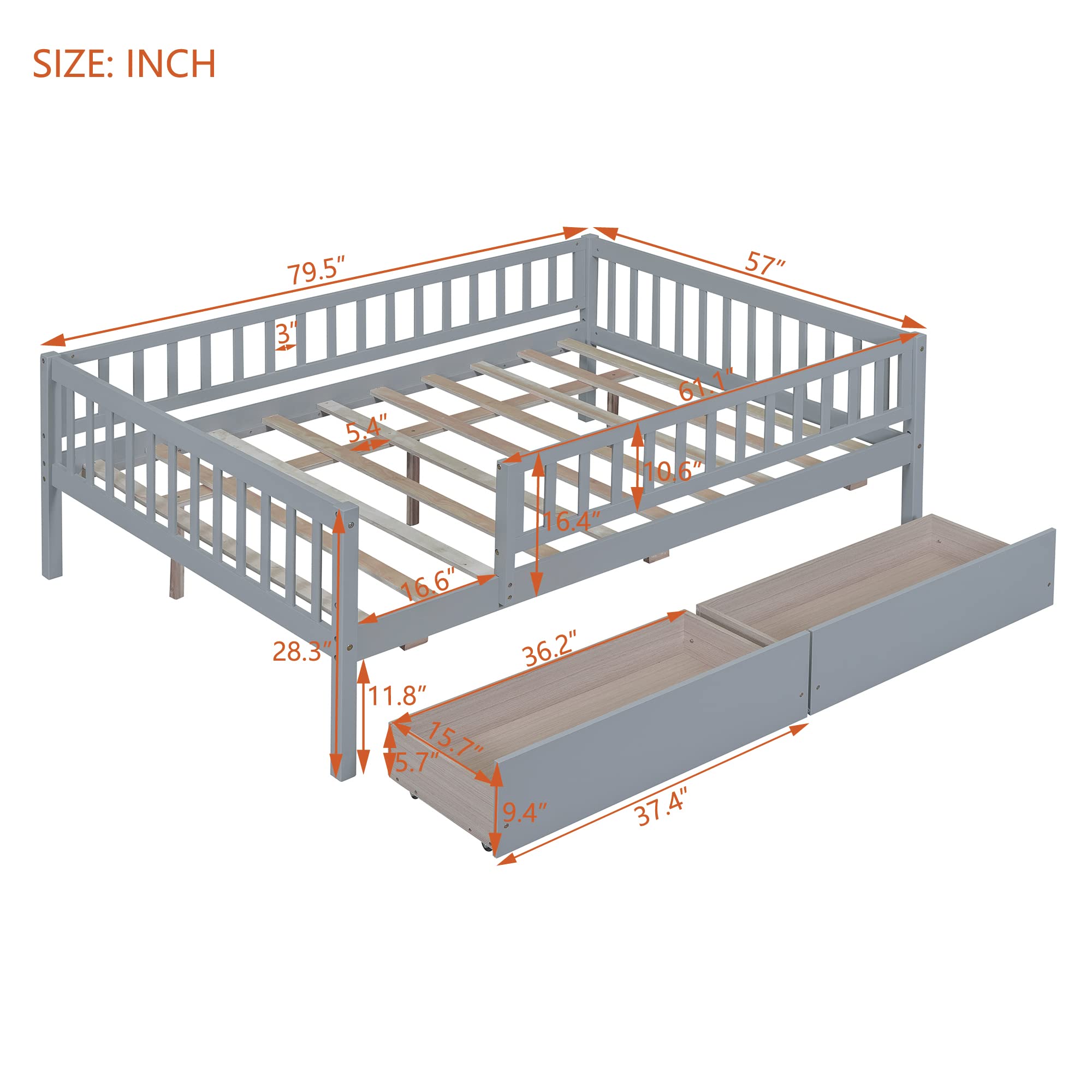 DEINPPA Full Size Wooden Bed Frame with Storage Drawers - Sturdy Slat Support for Kids, Children, Toddlers, Boys & Girls - Grey | Perfect for Small Bedrooms, Guest Rooms & Kids' Rooms
