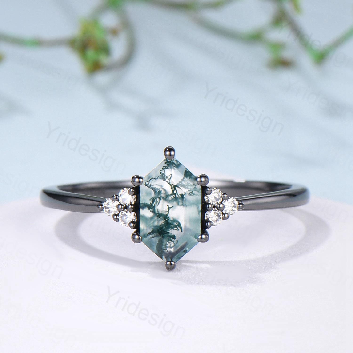 3pcs Black Gold Moss Agate Wedding Ring Set - Hexagon Natural Green Agate Gothic Engagement Ring & Alexandrite Opal Stacking Band for Women | Unique Boho Bridal Jewelry, Anniversary Gift for Her, Perfect for Weddings, Proposals and Special Occasions