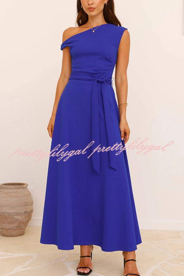 Elegant Solid Color Sloped Collar Slim Fit Waist Lace Up Maxi Dress for Women | Formal & Casual Occasions | Perfect for Weddings, Parties & Date Nights