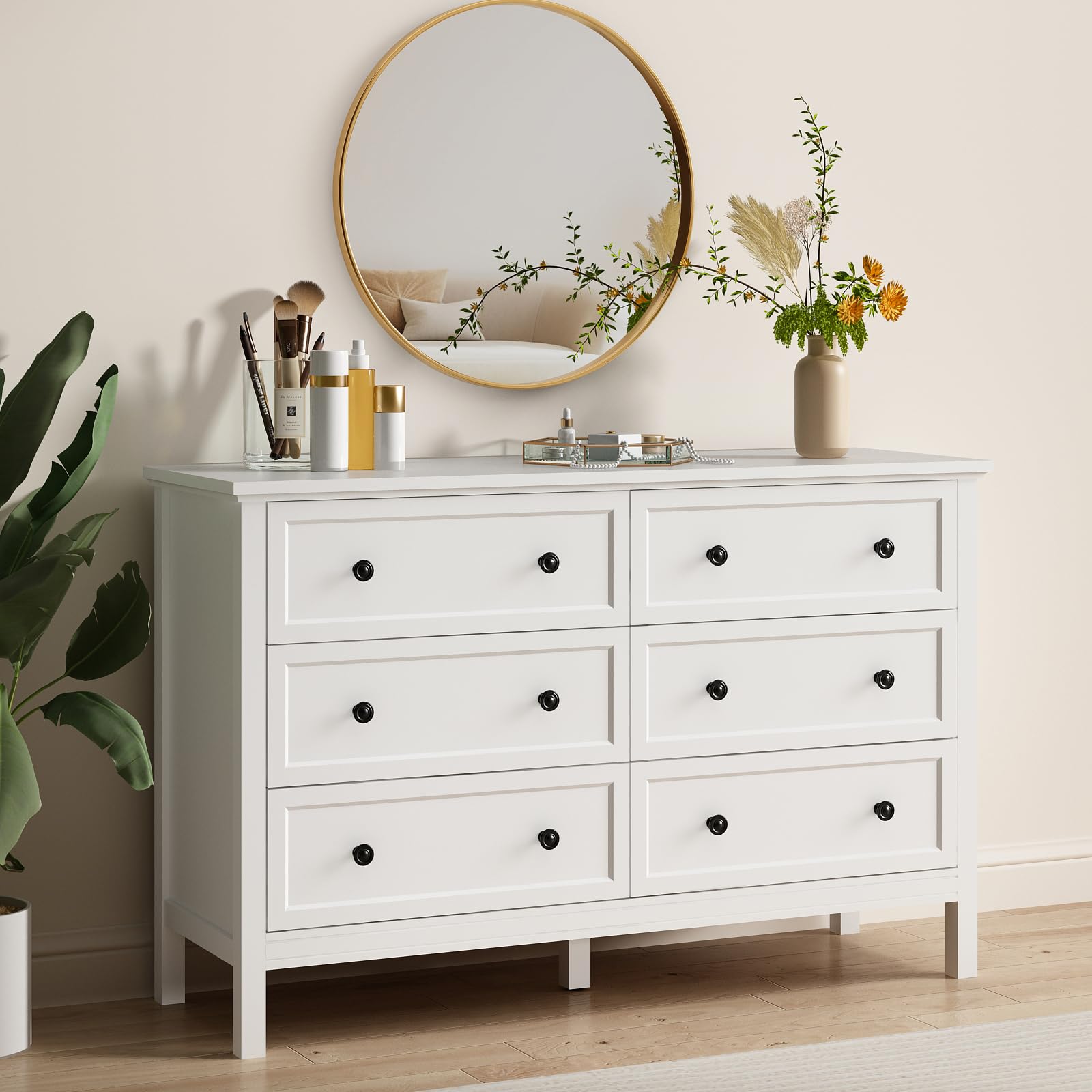 White 6-Drawer Dresser for Bedroom - Solid Wood Chest with Wide Drawers & Metal Handles - Modern Storage Cabinet for Hallway, Entryway, Closet Organization - Perfect for Bedroom Furniture, Home Decor & Small Space Storage Solutions