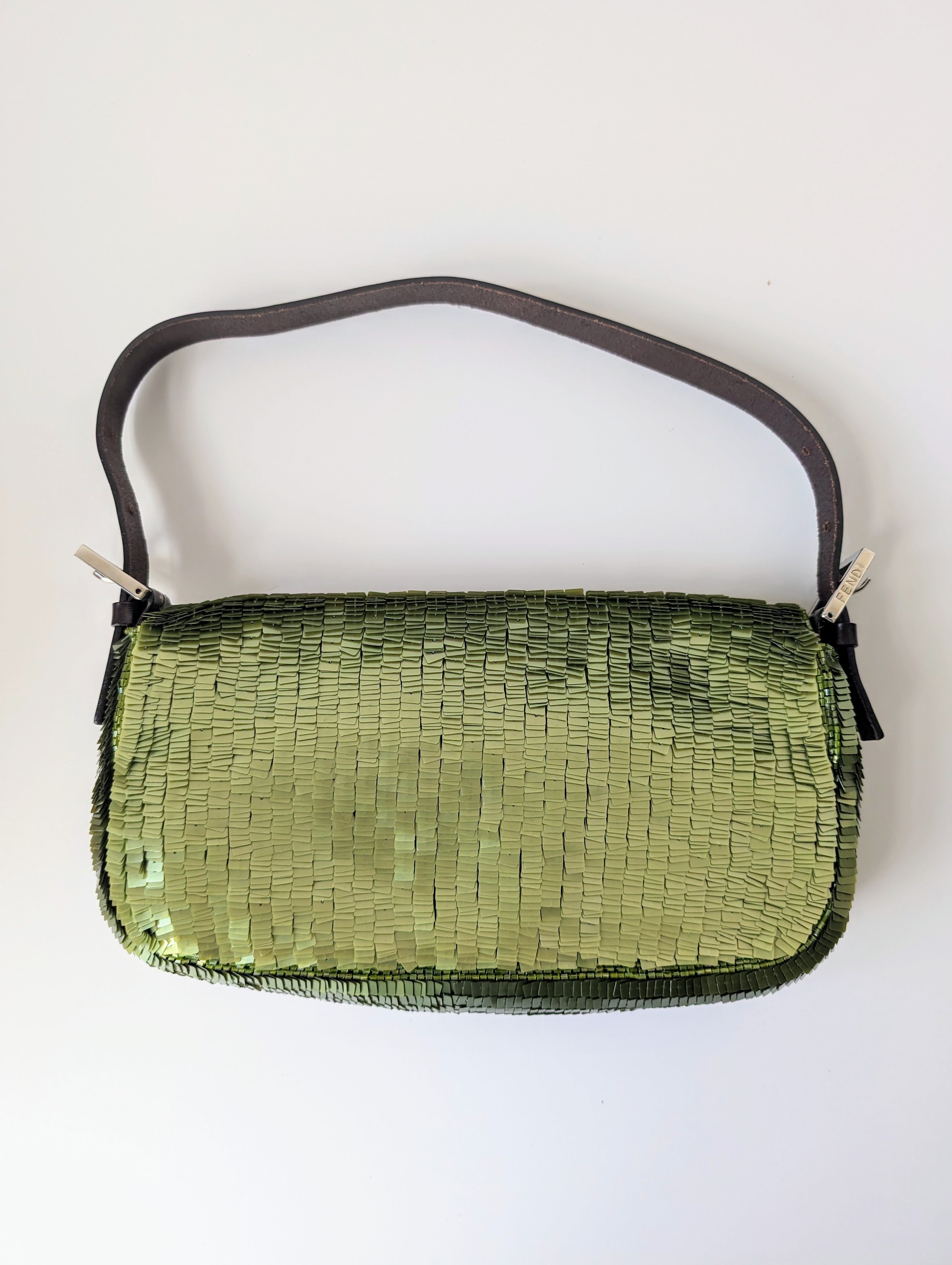 Vintage Fendi Green Sequin Baguette Bag - Pre-Owned Luxury Designer Handbag for Women, Perfect for Evening Parties & Special Occasions