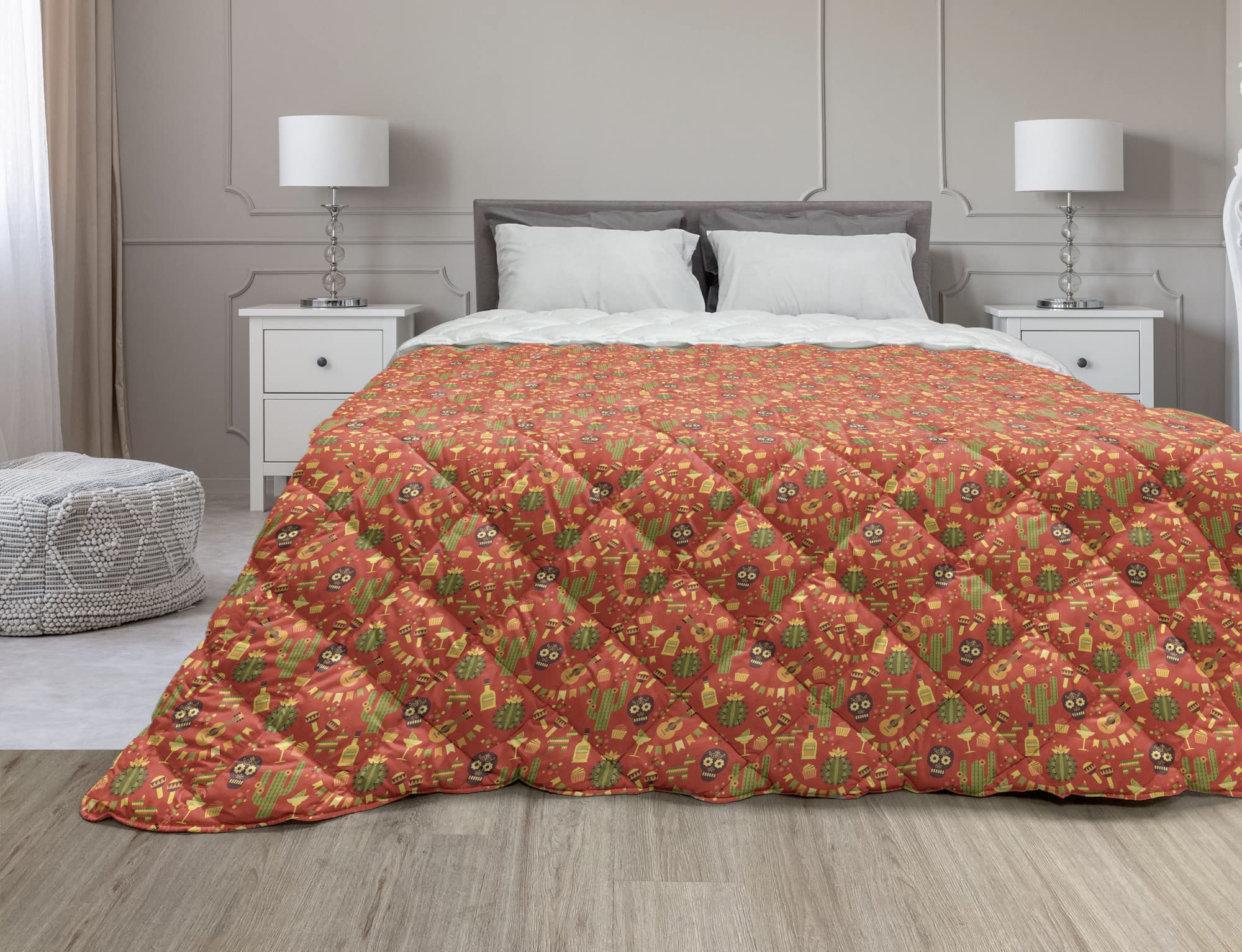 Ambesonne Fiesta Party Down Alternative Comforter King Size - Colorful Celebration Design with Cactus Cultural Symbols | All-Season Microfiber Quilt in Burnt Orange & Multicolor | Perfect for Festive Bedrooms, Dorm Rooms & Cultural Themed Decor