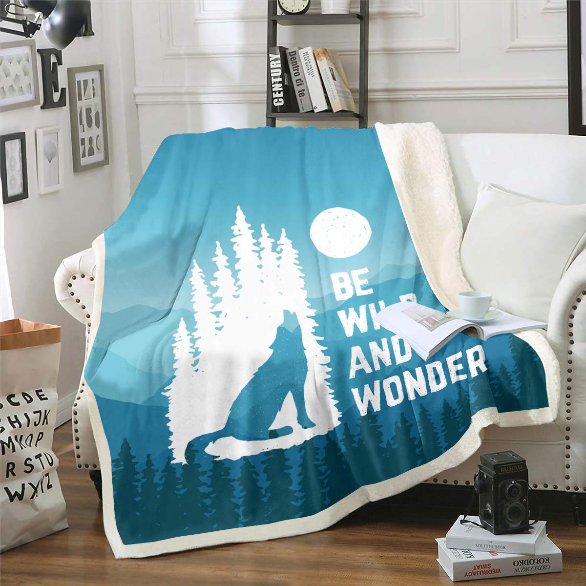 Erosebridal Tie Dye Fleece Throw Blanket 50x60 Inches - Blue Wolf Sherpa Blanket with Moon Mountain Trees Design, Soft Fuzzy Plush for Kids, Boys & Girls - Perfect for Sofa Decor, Bedroom Warmth & Cozy Winter Nights