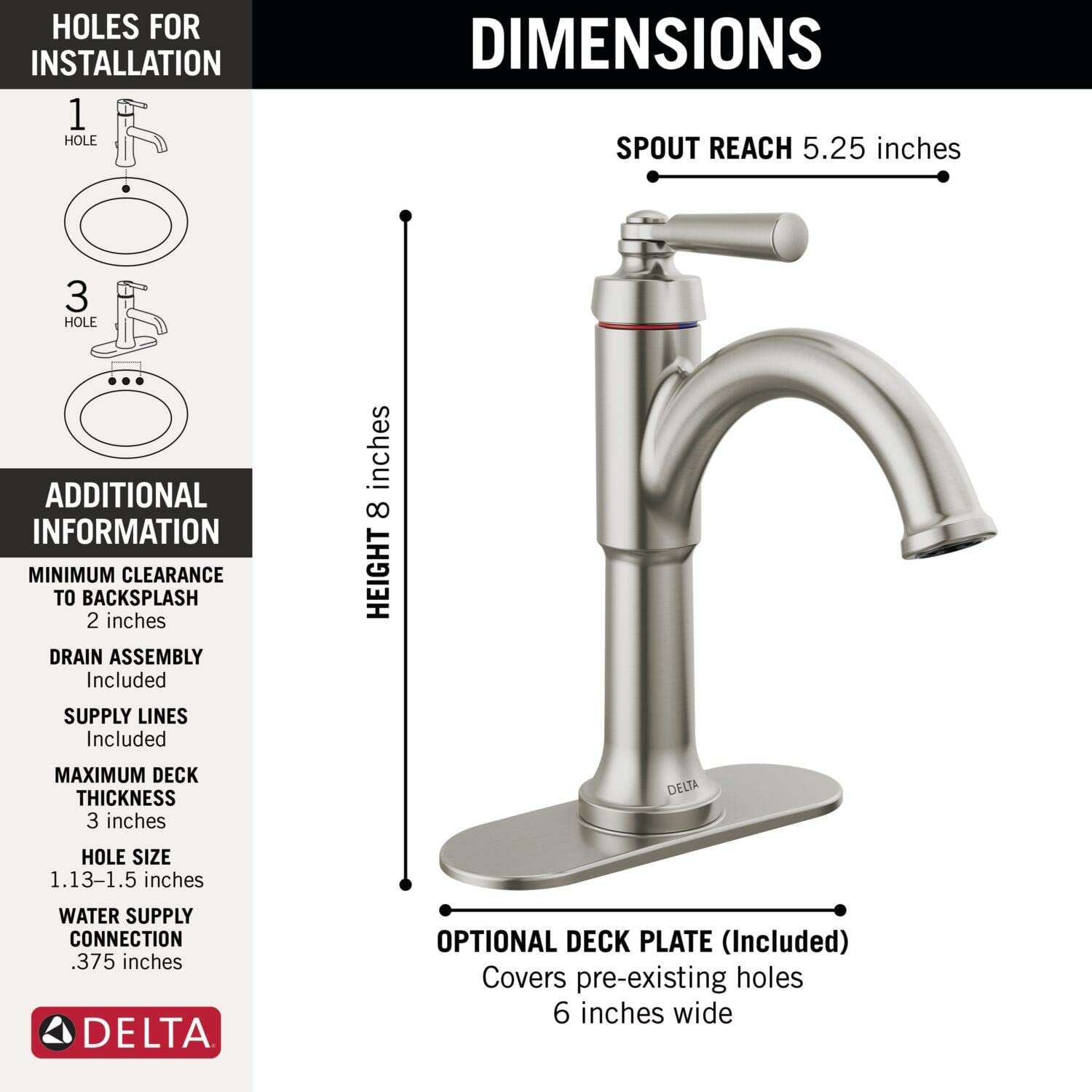 Delta 535-SSMPU-DST Brushed Nickel Single Hole Bathroom Faucet with Diamond Seal Technology - Single Handle Bathroom Sink Faucet with Drain Assembly - Perfect for Modern Bathrooms & Powder Rooms