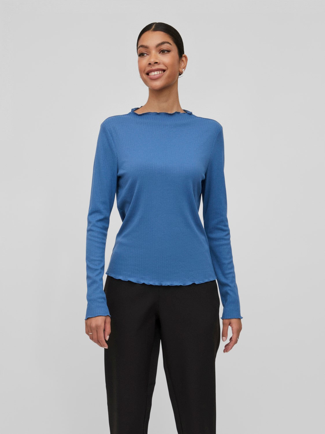 Ania Funnel Neck Top for Women - Federal Blue Long Sleeve T-Shirt | Casual & Office Wear | Perfect for Layering in Fall & Winter