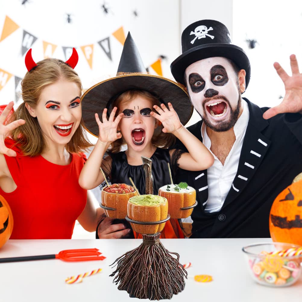 Halloween Pumpkin Bowls on Broom - Cute Serving Bowls for Snacks, Salad & Fruit - Perfect for Halloween Party Decorations & Spooky Table Settings