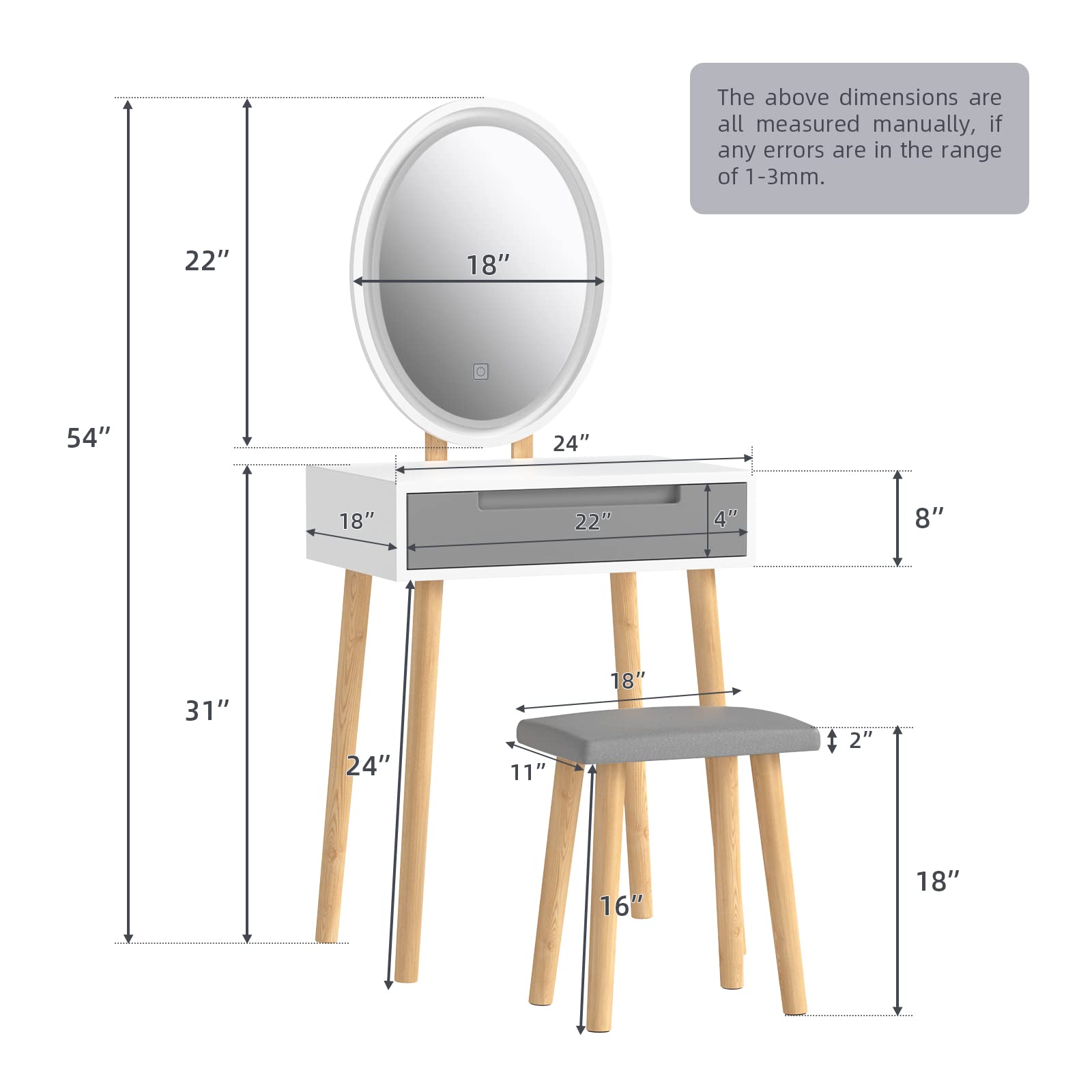 YOURLITE Small Vanity Desk with Mirror & LED Lights, Makeup Vanity Table with Chair & Storage Drawers, Compact Grey Vanity Desk for Bedroom - Perfect for Small Spaces, Home Makeup Studio & Dressing Area