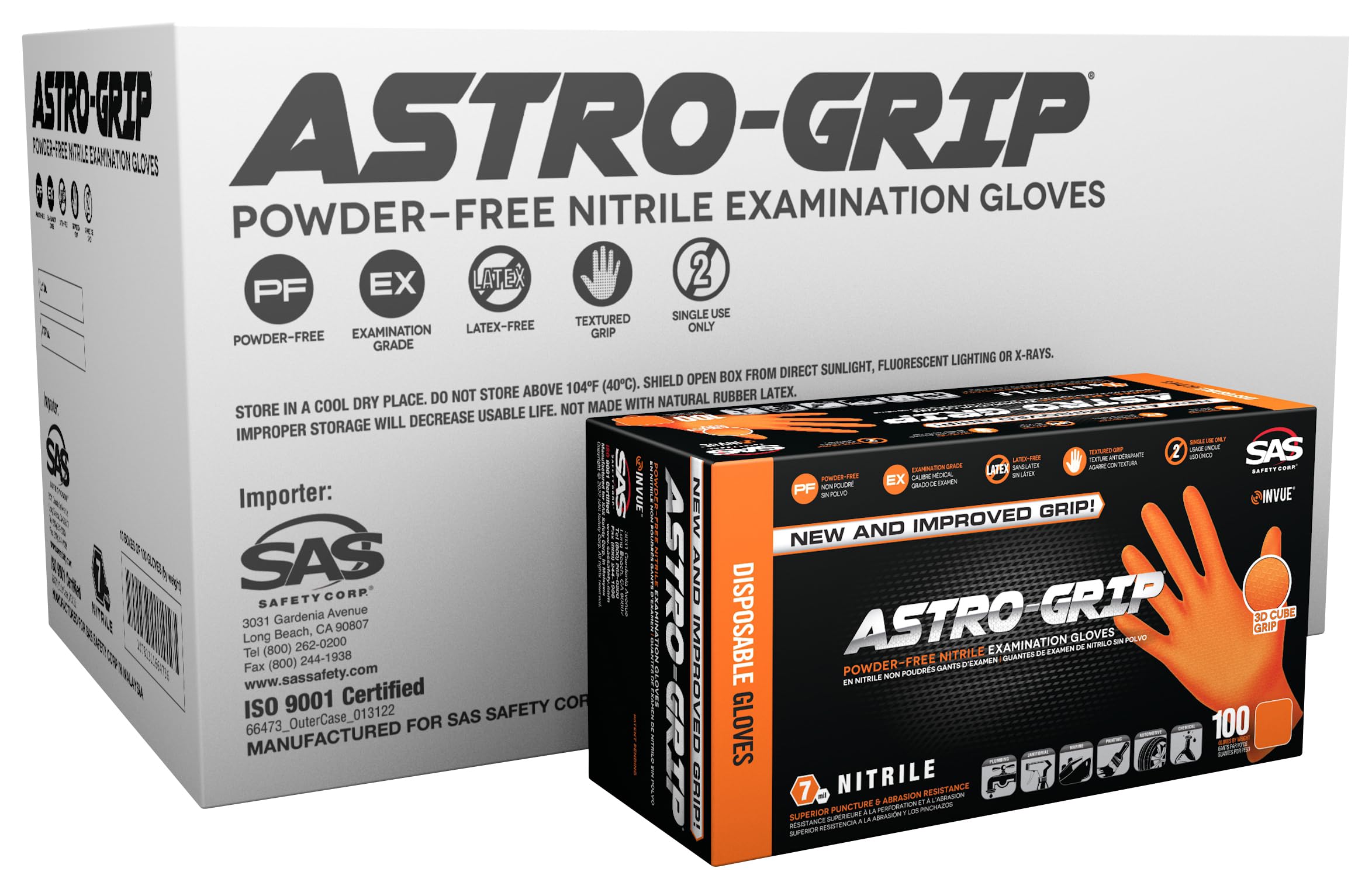 SAS Astro-Grip Powder-Free Exam Grade Nitrile Disposable Gloves - 10 Boxes (100 Gloves Each), Orange, 7 Mil - Ideal for Medical, Dental, Laboratory & Food Handling Safety