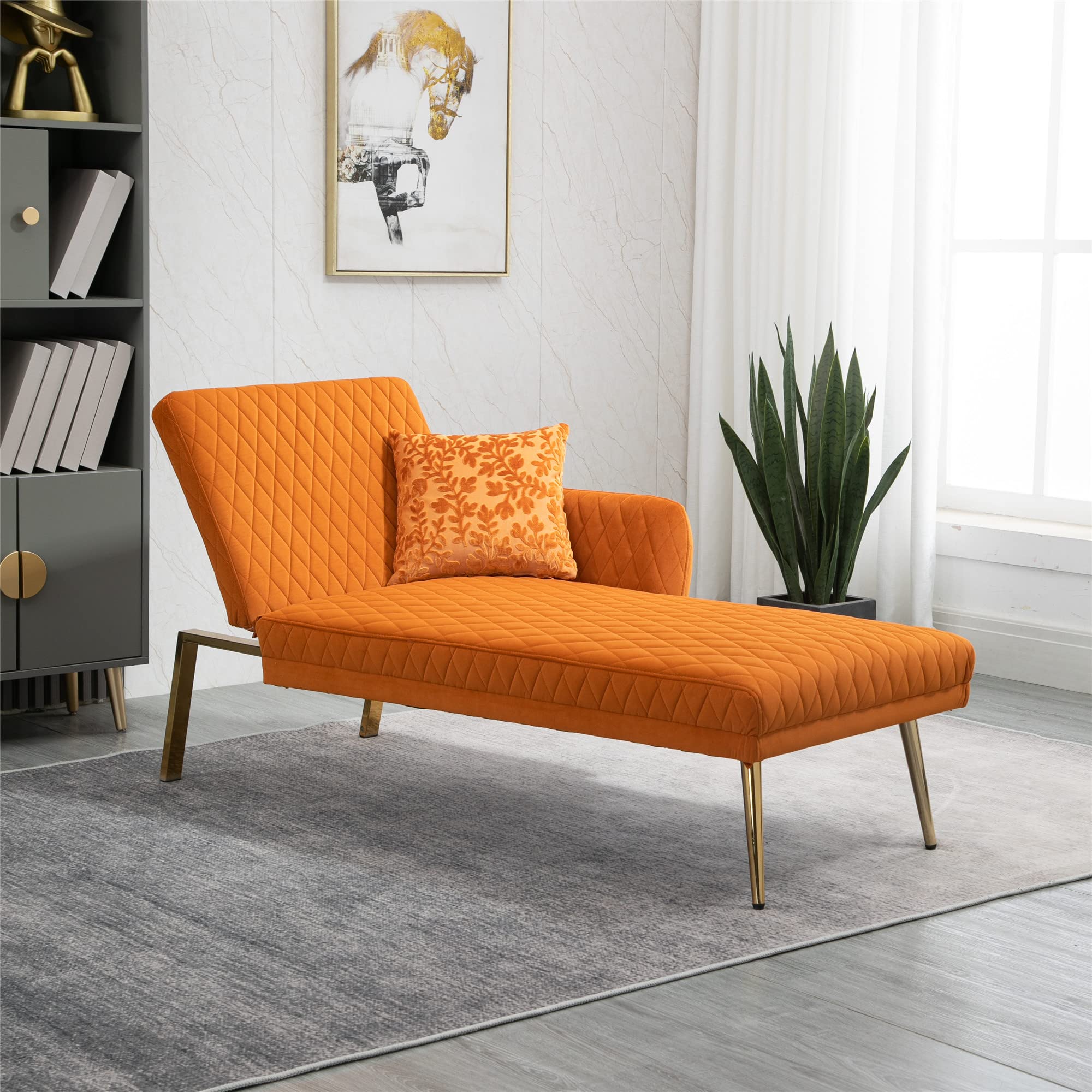 Velvet Chaise Lounge Chair with Pillow - Upholstered Accent Sofa Loveseat with Golden Metal Feet for Living Room, Office, Bedroom - Modern Indoor Lounge Chair for Relaxing, Reading & Napping (Orange)