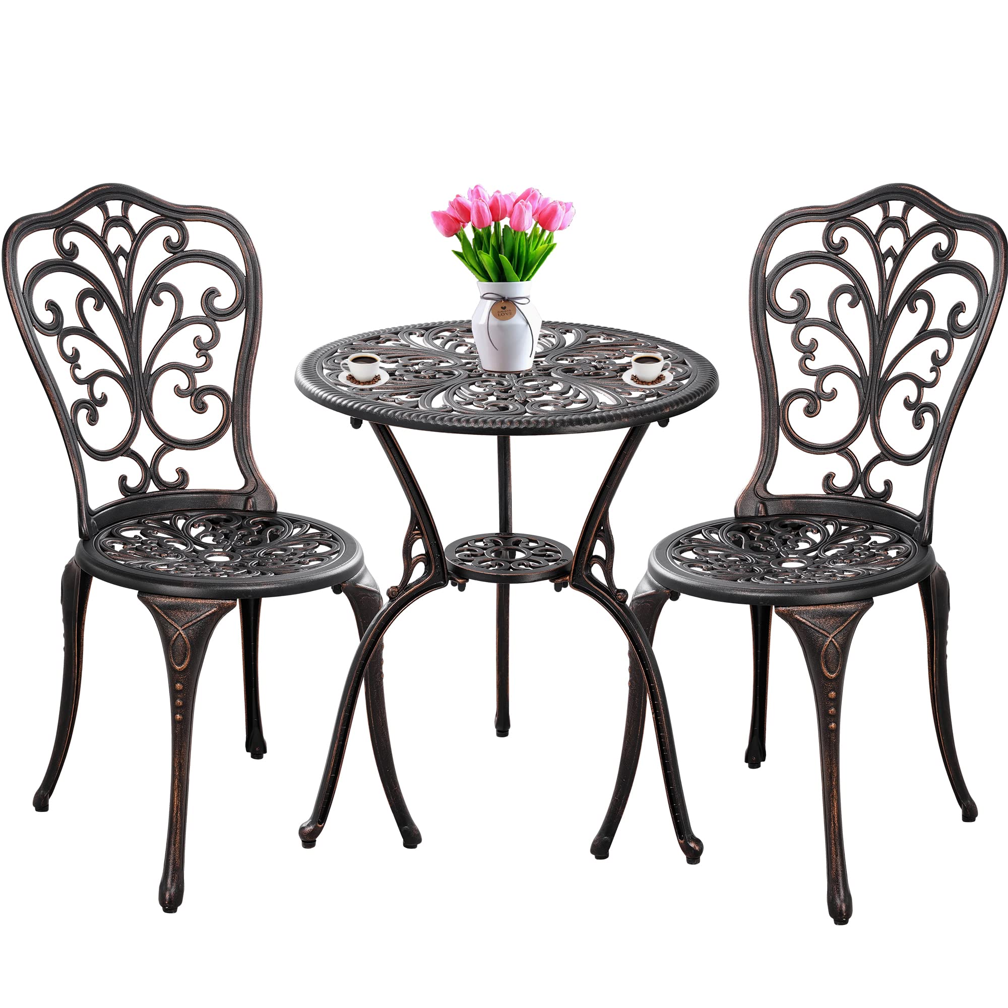 Outdoor Bistro Set 3-Piece Patio Furniture with Umbrella Hole - Weather-Resistant Bronze Bistro Table and 2 Chairs for Garden, Porch, Deck & Backyard Dining