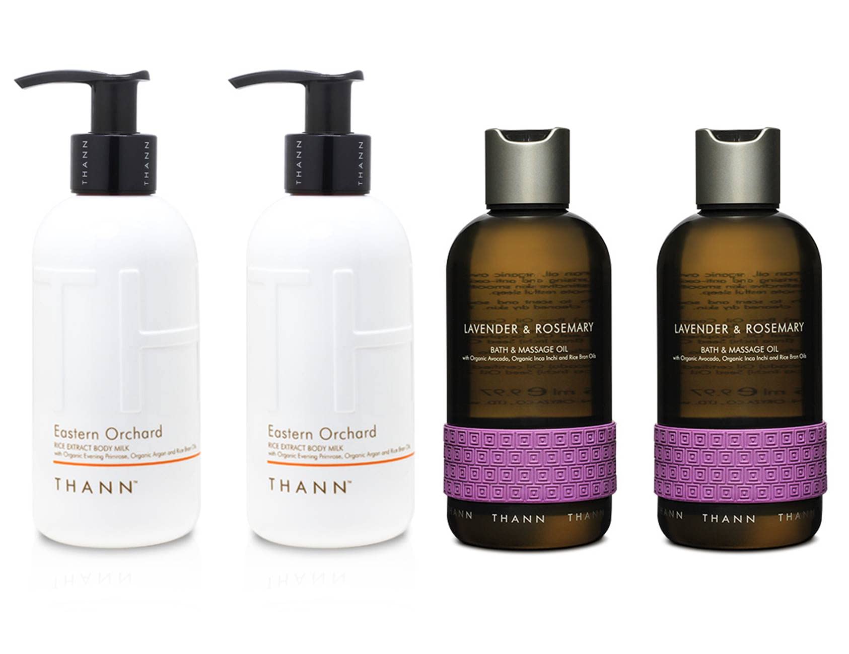 THANN Eastern Orchard Rice Extract Body Milk & Lavender Rosemary Massage Oil Gift Set - Hydrating Skincare Duo for Relaxing Spa Nights and Aromatherapy at Home