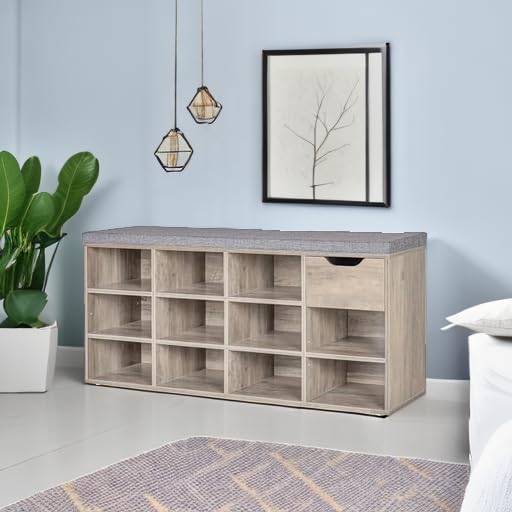 DINZI LVJ Shoe Bench with Drawer & 11 Cubbies - Adjustable Shelf Entryway Storage Bench | Shoe Organizer Cabinet for Living Room, Bedroom, Mudroom, Closet & Garage | Perfect for Small Space Organization & Entryway Decor (Greige)
