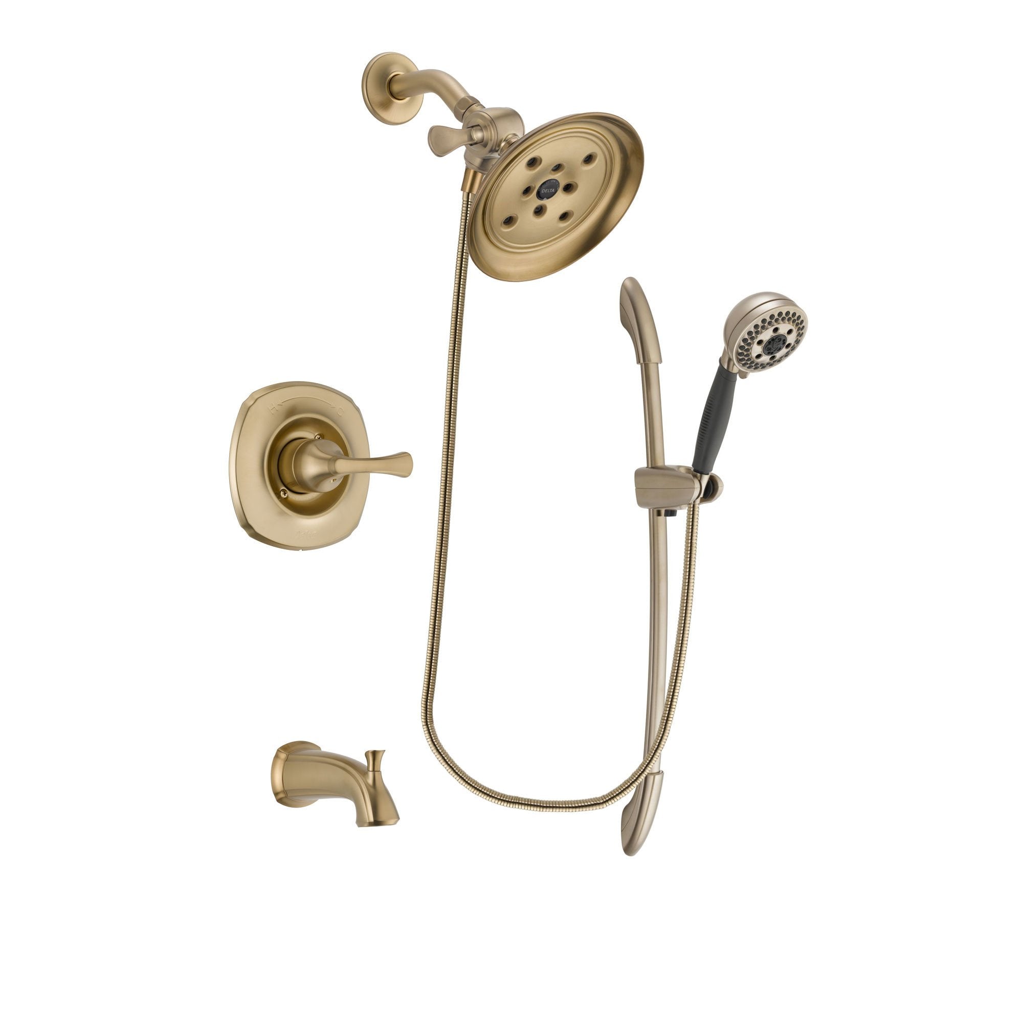 Delta Addison Champagne Bronze Finish Tub and Shower Faucet System with Large Rain Shower Head, 5-Spray Hand Shower & Slide Bar - Includes Rough-in Valve & Tub Spout (DSP3381V) - Perfect for Bathroom Renovation & Luxury Spa Experience