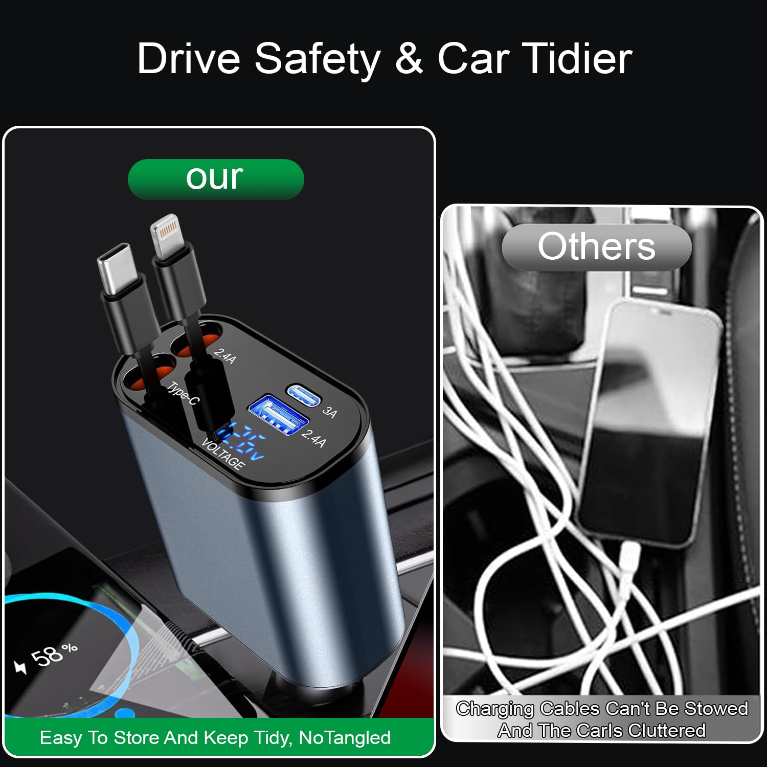 66W Retractable Car Charger with 4-in-1 Fast Charging - USB C & Lightning Cable Car Adapter for iPhone 15/14/13/12 Pro Max, iPad, Galaxy S23 - Perfect for Road Trips & Daily Commutes