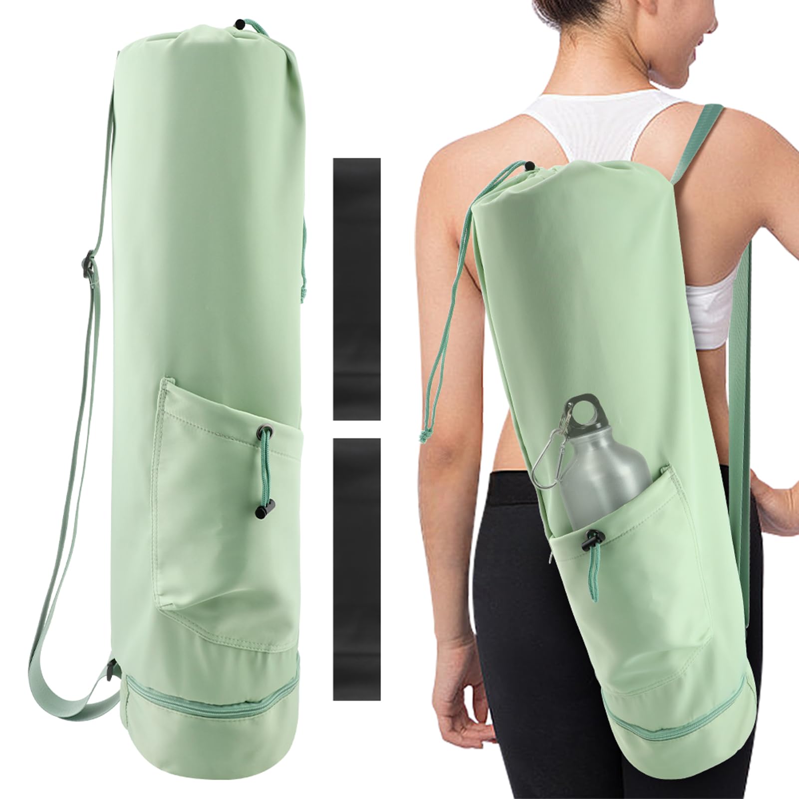 Premium Yoga Mat Bag with 2 Resistance Bands - Multi-Functional Exercise Mat Carrier for Gym, Travel & Outdoor Activities - Green Yoga Backpack with Storage Pockets for Yoga Class, Beach & Park Workouts