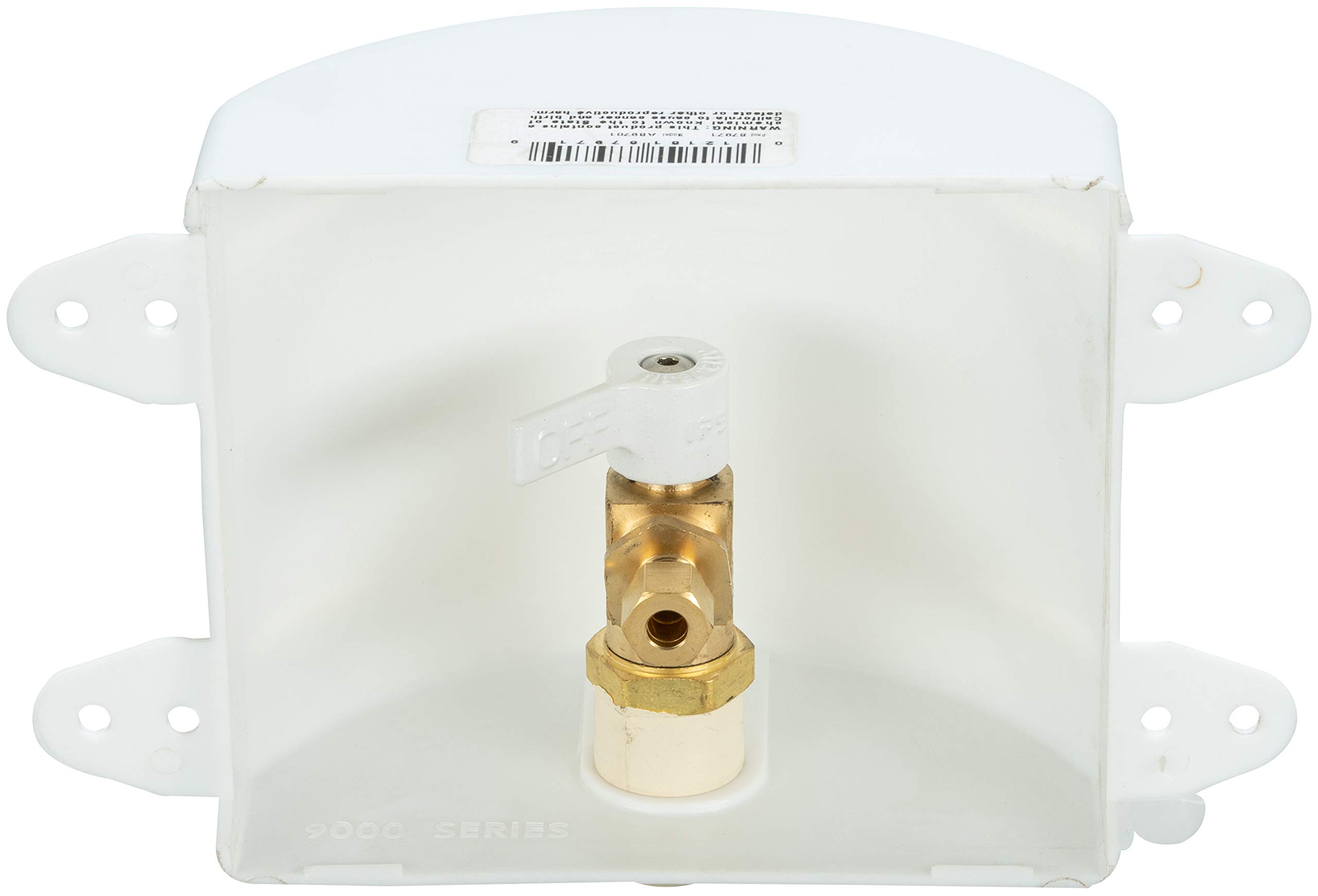 87971 Square Ice Maker Outlet Box with Quarter-Turn Brass Valve - 1/2-Inch CPVC Connection, White Plastic - Perfect for Refrigerator Water Supply Lines & Under Sink Installations
