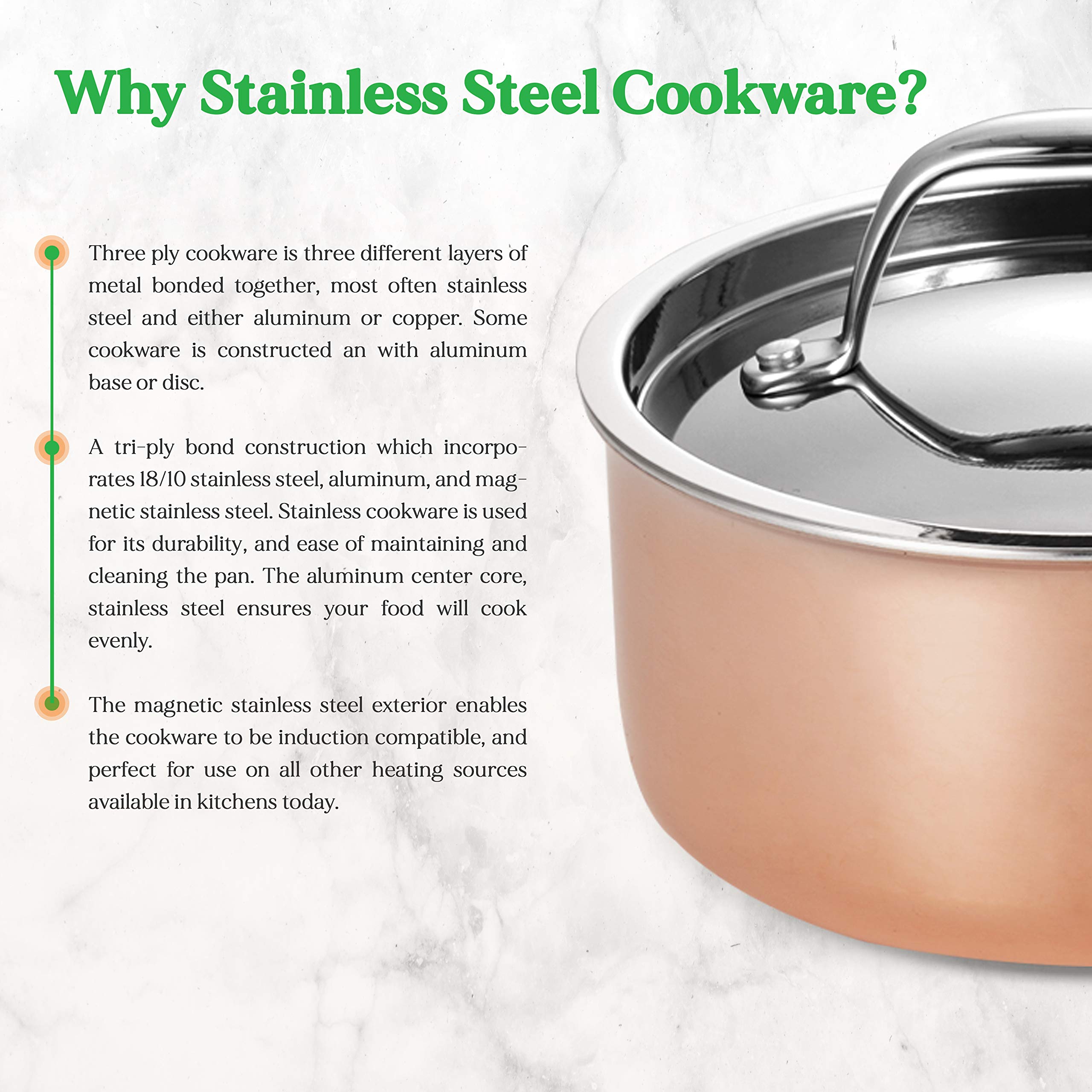 NutriChef 8-Piece Stainless Steel Cookware Set with Cast Iron Handles - Tri-Ply Copper Core for Even Heating - Includes Saucepan, Casserole, Frying Pan & Lids (NCCW8SS, White Silver) - Perfect for Home Cooking, Professional Kitchens & Gourmet Meal Preparation