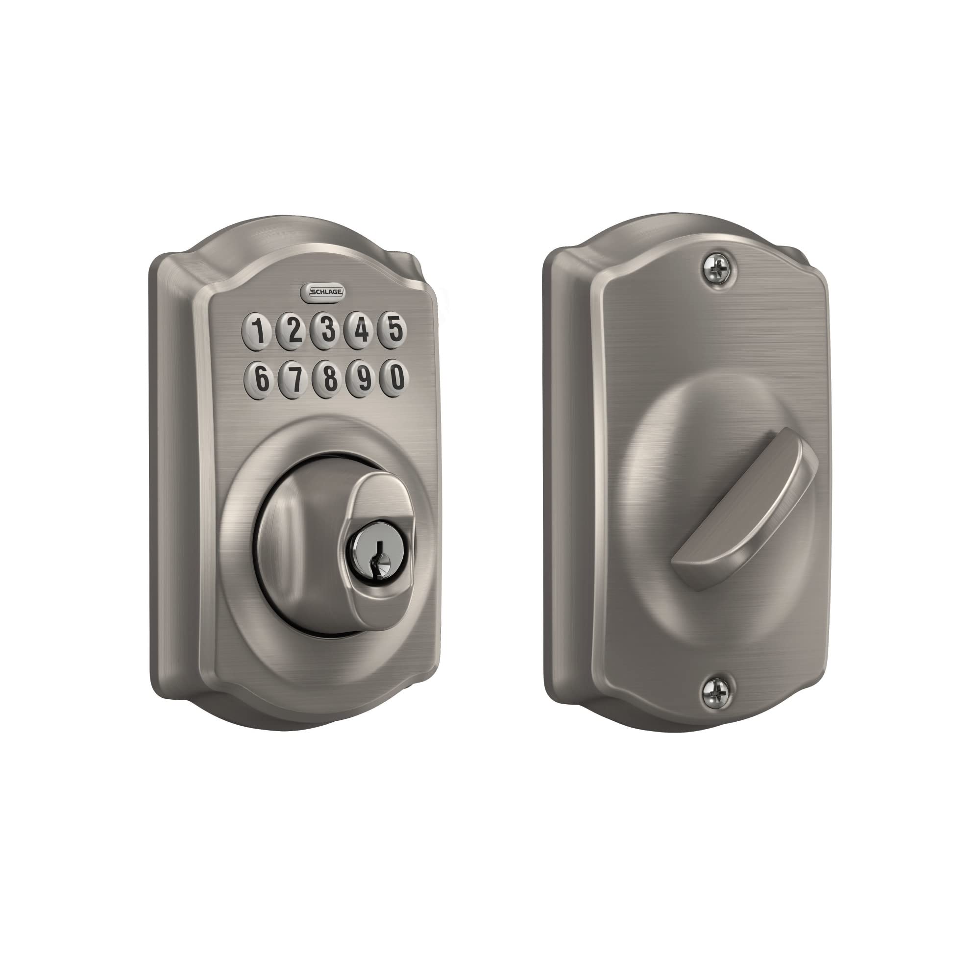 Schlage BE365V CAM 619 Camelot Keyless Entry Deadbolt Lock - Electronic Keypad Door Lock with Satin Nickel Finish - Secure Home & Office Entry Solution for Front Doors, Back Doors & Rental Properties