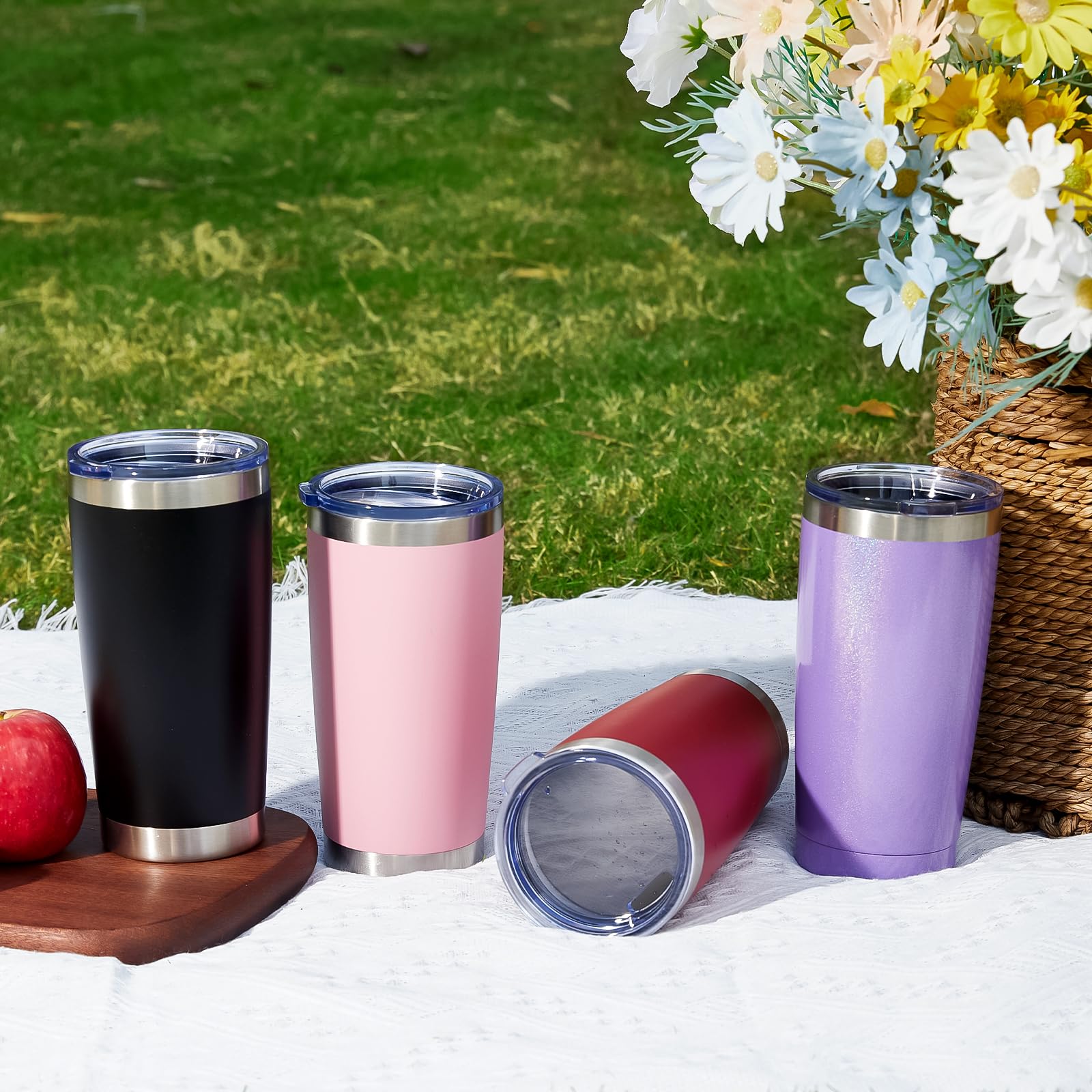 MEWAY 20oz Stainless Steel Tumbler 12 Pack - Double Wall Vacuum Insulated Glitter Travel Mug with Lid & Straw, Powder Coated Coffee Cup Set for Women (Rainbow Yellow, 12 Count) - Perfect for Office, Gym, Travel & Outdoor Activities