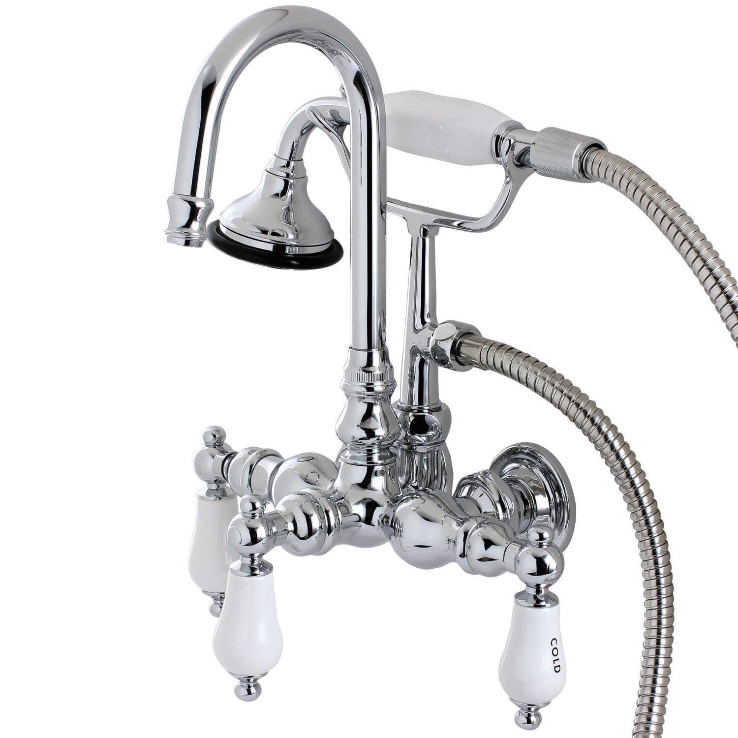 Vintage Clawfoot Tub Faucet with Hand Shower - 3 Handle 2 Hole Wall Mount Bathroom Fixture in Polished Chrome - Perfect for Classic Bathroom Renovations & Spa-Like Showers