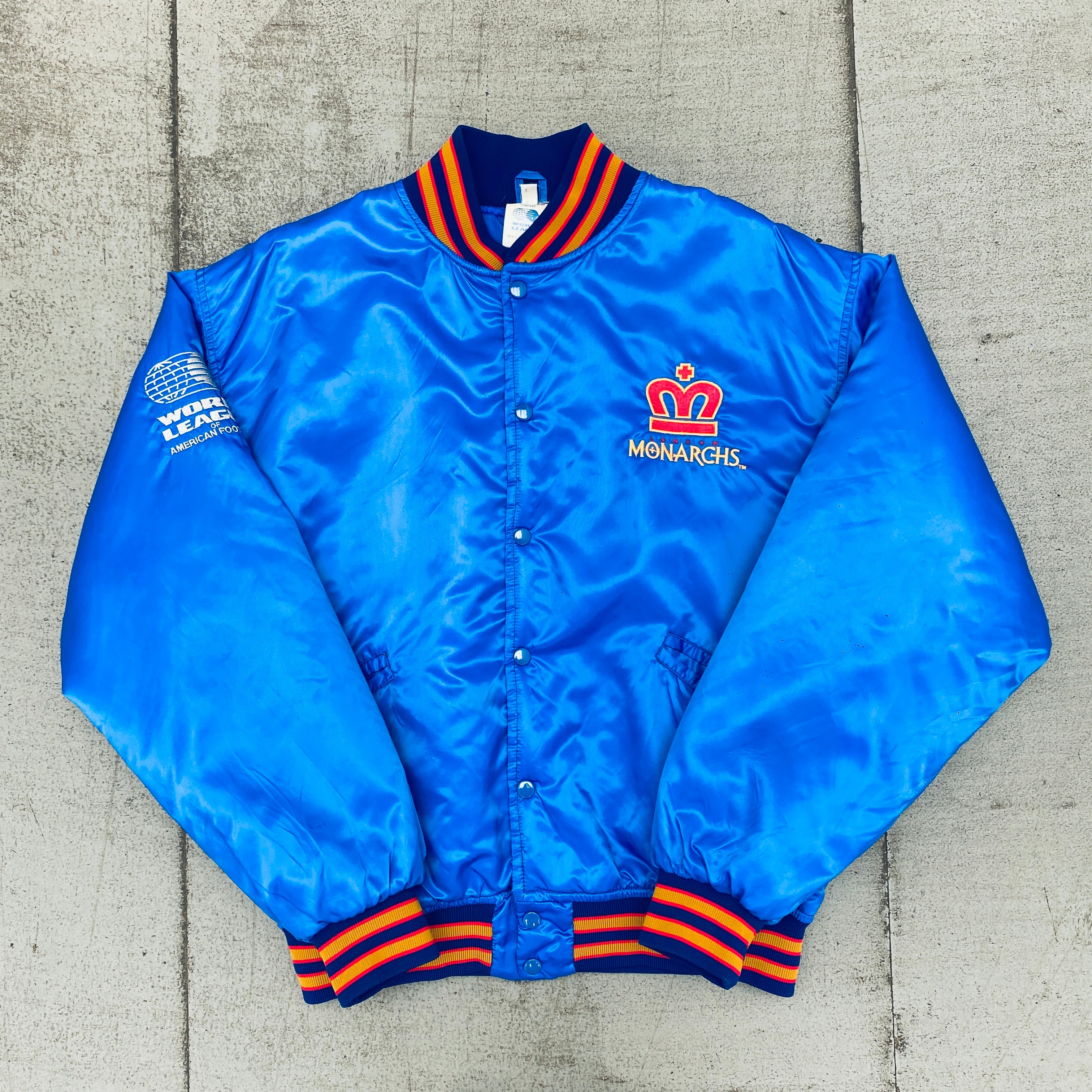 WLAF: London Monarchs 1992 Satin Reverse Embroidered Spellout Bomber Jacket (Large) - Vintage Football Jacket for Sports Fans & Retro Fashion Enthusiasts