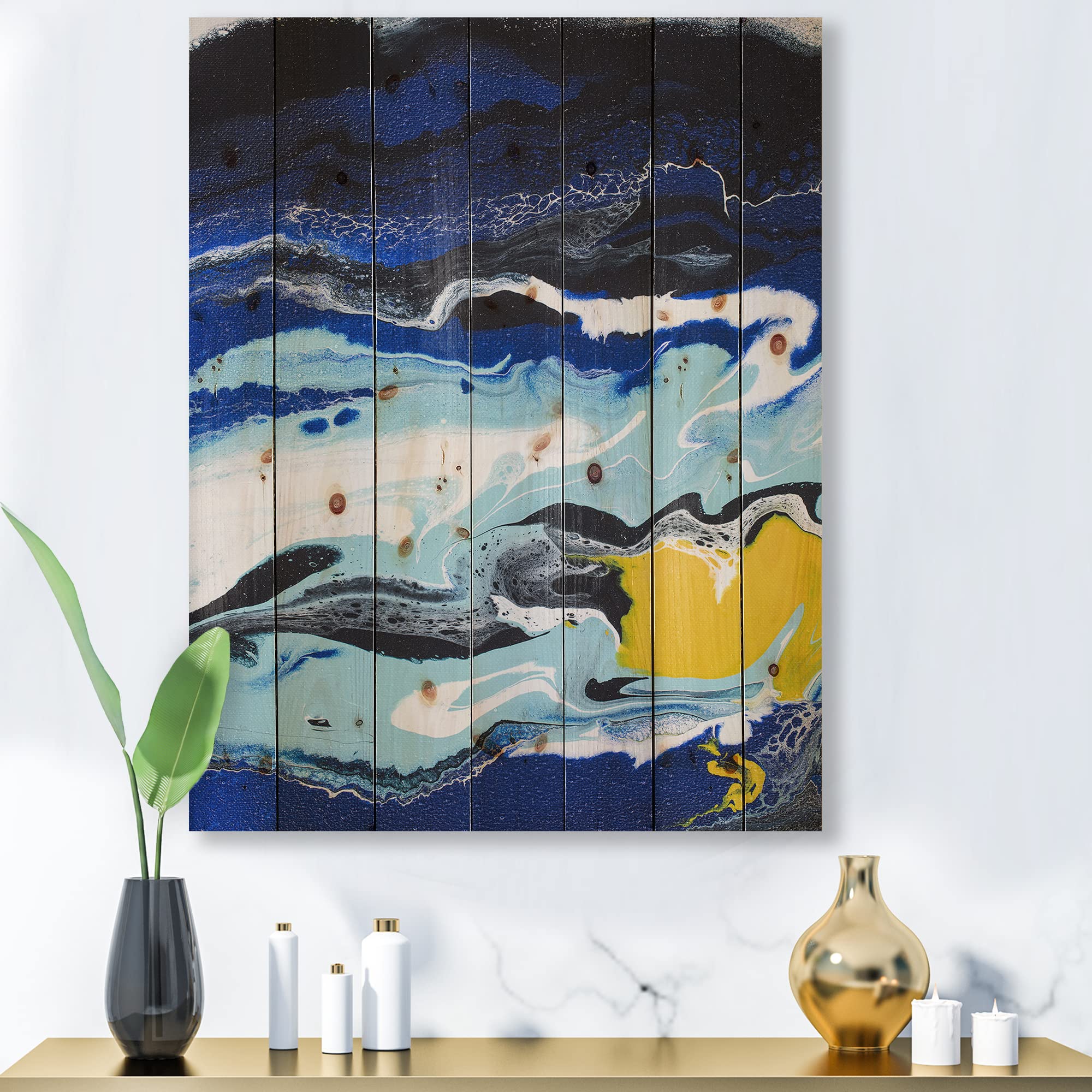 Abstract Composition in Yellow and Blue VIII - Modern Wood Wall Art Decor, Large Contemporary Wood Wall Panels Printed on Natural Pine - Perfect for Living Room, Bedroom, Office & Home Decor