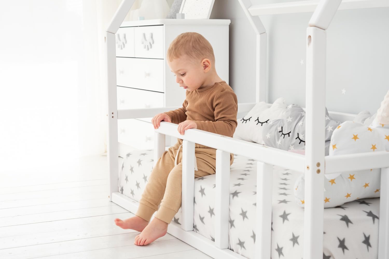 Montessori Toddler Floor Bed with Safety Rails - Solid Wood Kids Bed Frame for Boys & Girls - House Bed for Toddlers & Preschoolers - Perfect for Montessori Bedrooms, Daycare Naps & Cozy Sleep Spaces