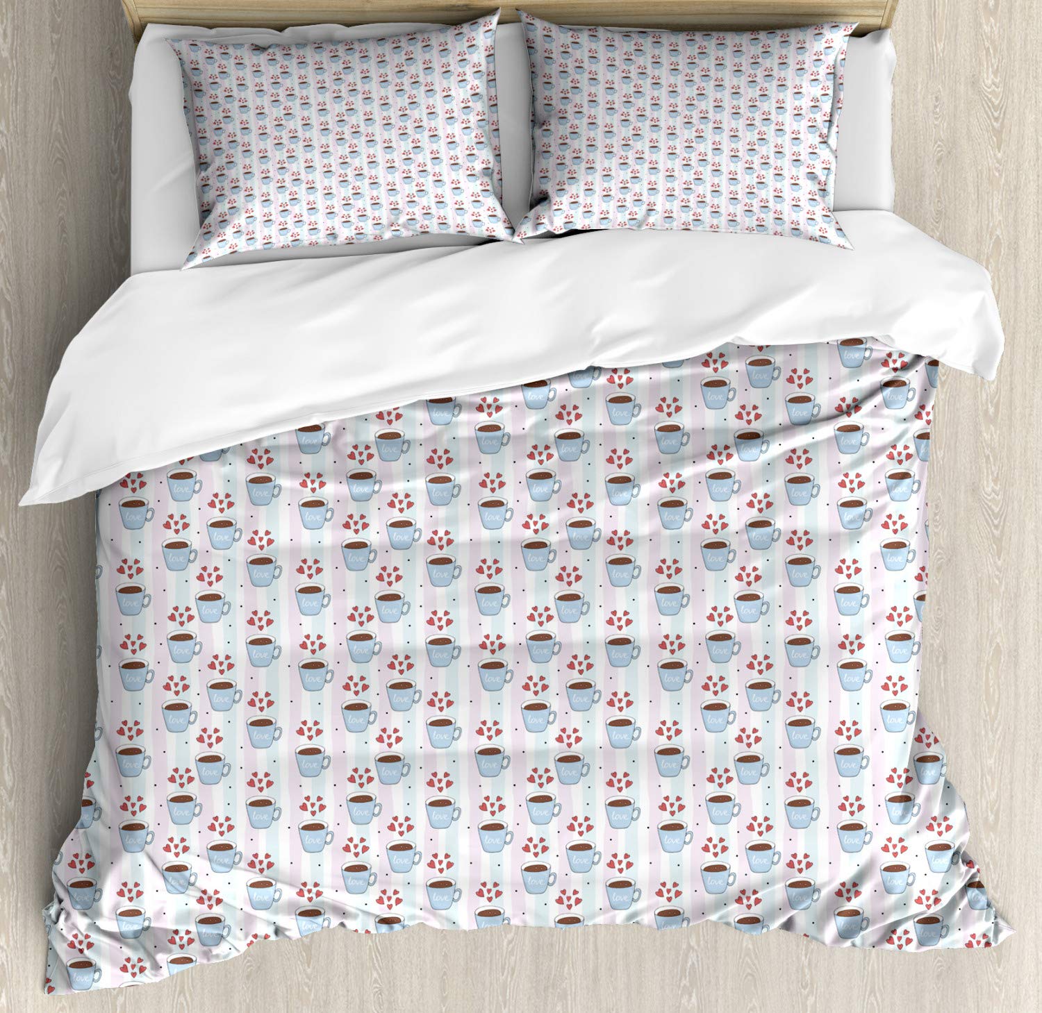 Ambesonne Love Duvet Cover Set King Size - Pastel Coffee Cups with Hearts & Stripes Design - 3 Piece Bedding Set with 2 Pillow Shams - Soft Multicolor Decorative Comforter Cover - Perfect for Valentine's Day, Anniversary Gifts & Cozy Bedroom Decor