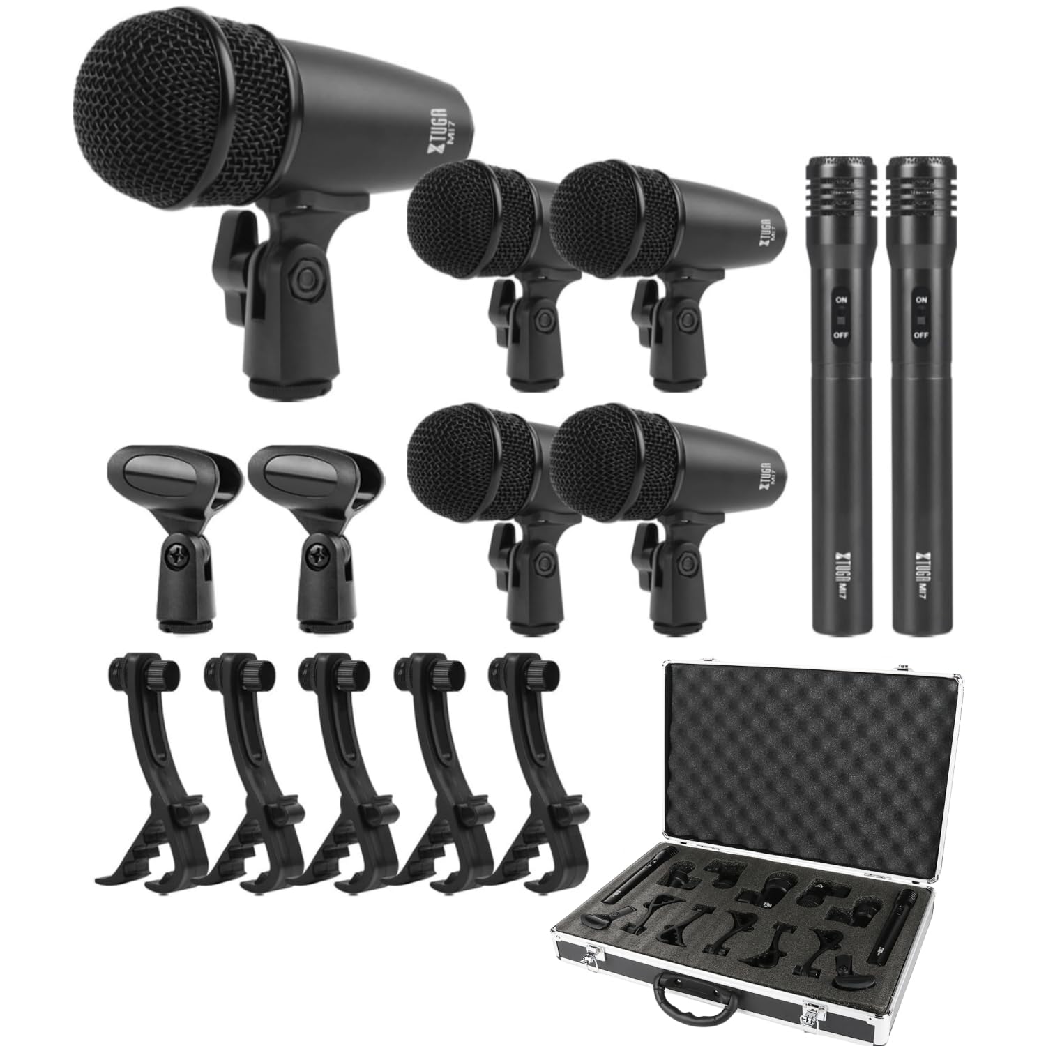 XTUGA MI7 7-Piece Professional Wired Dynamic Drum Microphone Kit - Full Metal Construction Kick/Bass Mic Set for Drums, Vocals & Instruments - Includes Threaded Clip Inserts & Mic Holders - Perfect for Live Performances, Studio Recording & Stage Shows