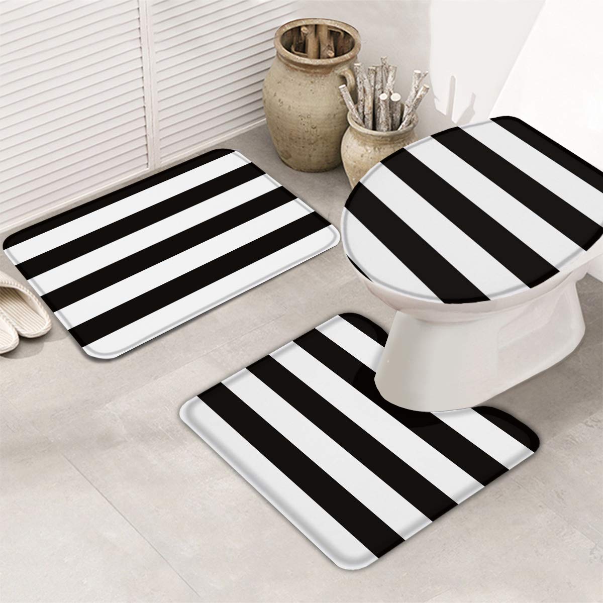 Non-Slip Bathroom Rug Set of 3 - Black & White Striped Geometric Design, Absorbent & Washable Bath Mat with U-Shaped Toilet Mat & Lid Cover - Perfect for Bathroom, Home Decor, and Guest House Use