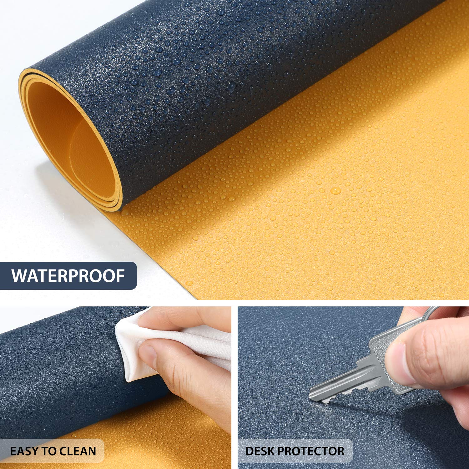 AFRITEE Dual-Sided PU Leather Desk Pad Protector - Large Waterproof Mouse Mat for Office, Home & Gaming - Smooth Writing Surface (Navy Blue/Yellow, 31.5