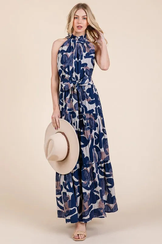 Elegant Halter Neck Tie Waist Tiered Maxi Dress for Women | Summer Beach Vacation Resort Wear | Perfect for Pool Parties, Tropical Getaways and Evening Dinners