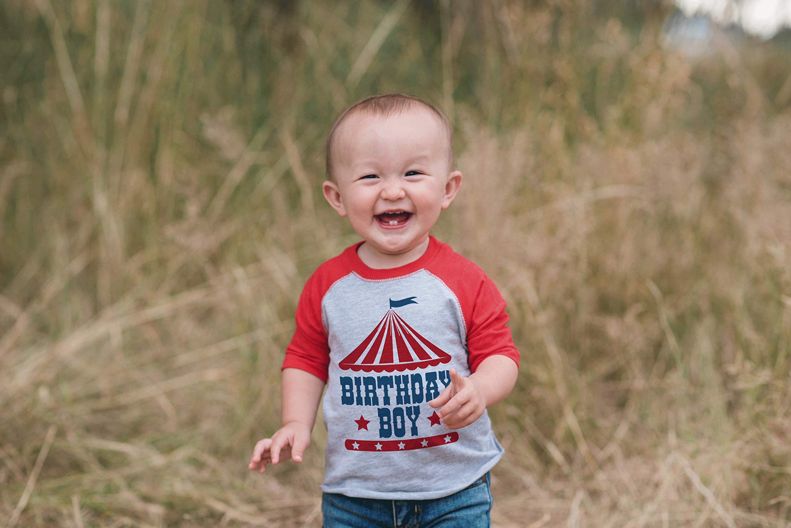 7 Ate 9 Apparel Boys' Birthday Circus Red Raglan T-Shirt - Fun Kids Party Outfit for Birthday Celebrations & Circus Themed Events