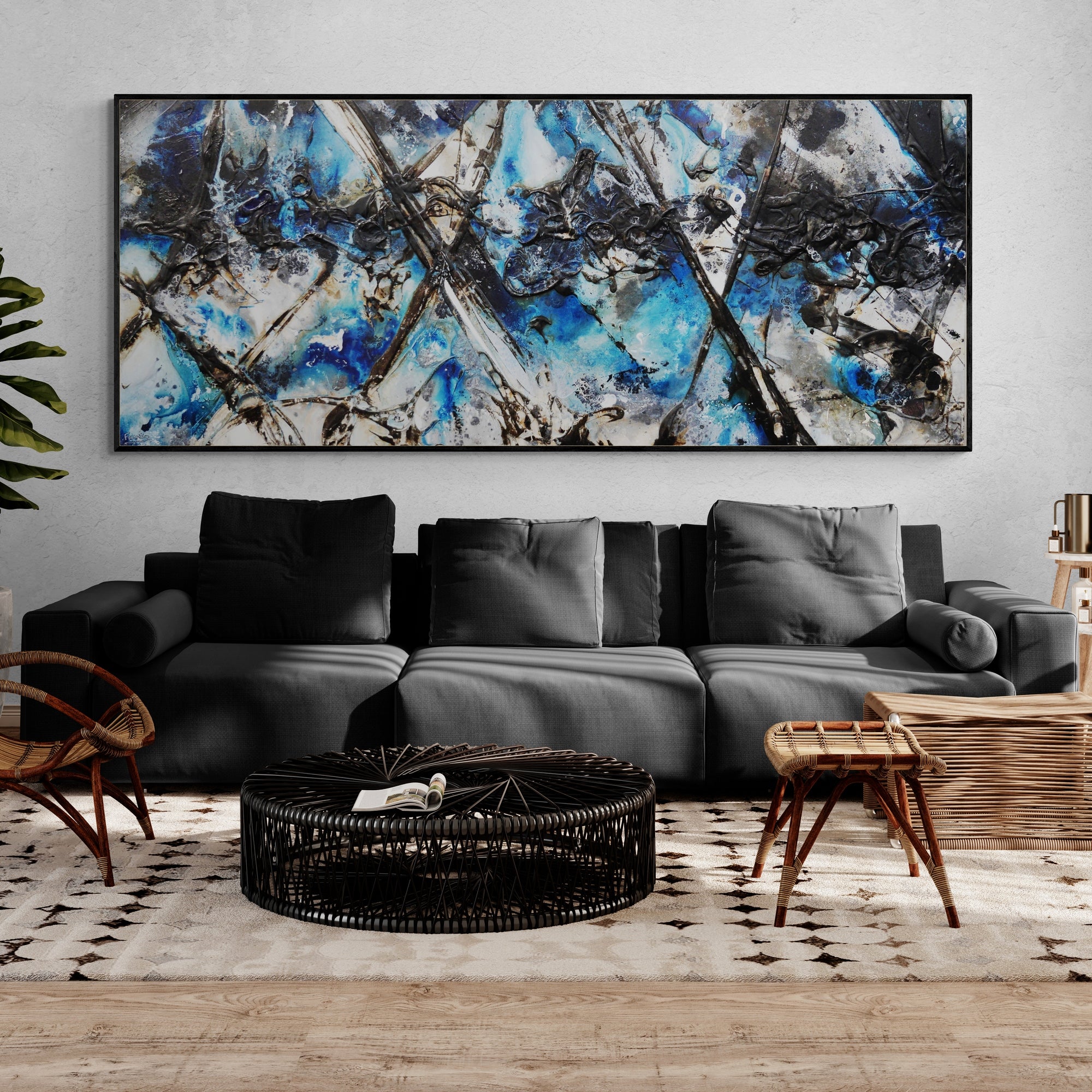 Blue Steel 240cm x 100cm Abstract Textured Painting in Blue, Black & White - Modern Wall Art for Living Room, Bedroom or Office Decor