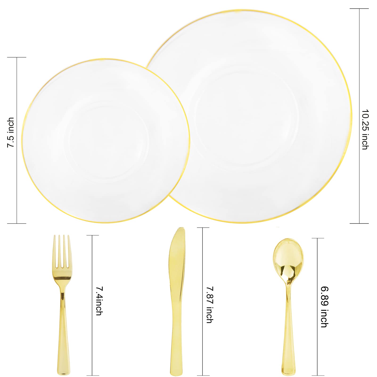 125-Piece Clear Gold Plastic Dinnerware Set - 25 Gold Rimmed Plates, 25 Dessert Plates, 25 Forks, 25 Knives, 25 Spoons - Elegant Disposable Tableware for Weddings, Parties, Christmas & Holiday Celebrations