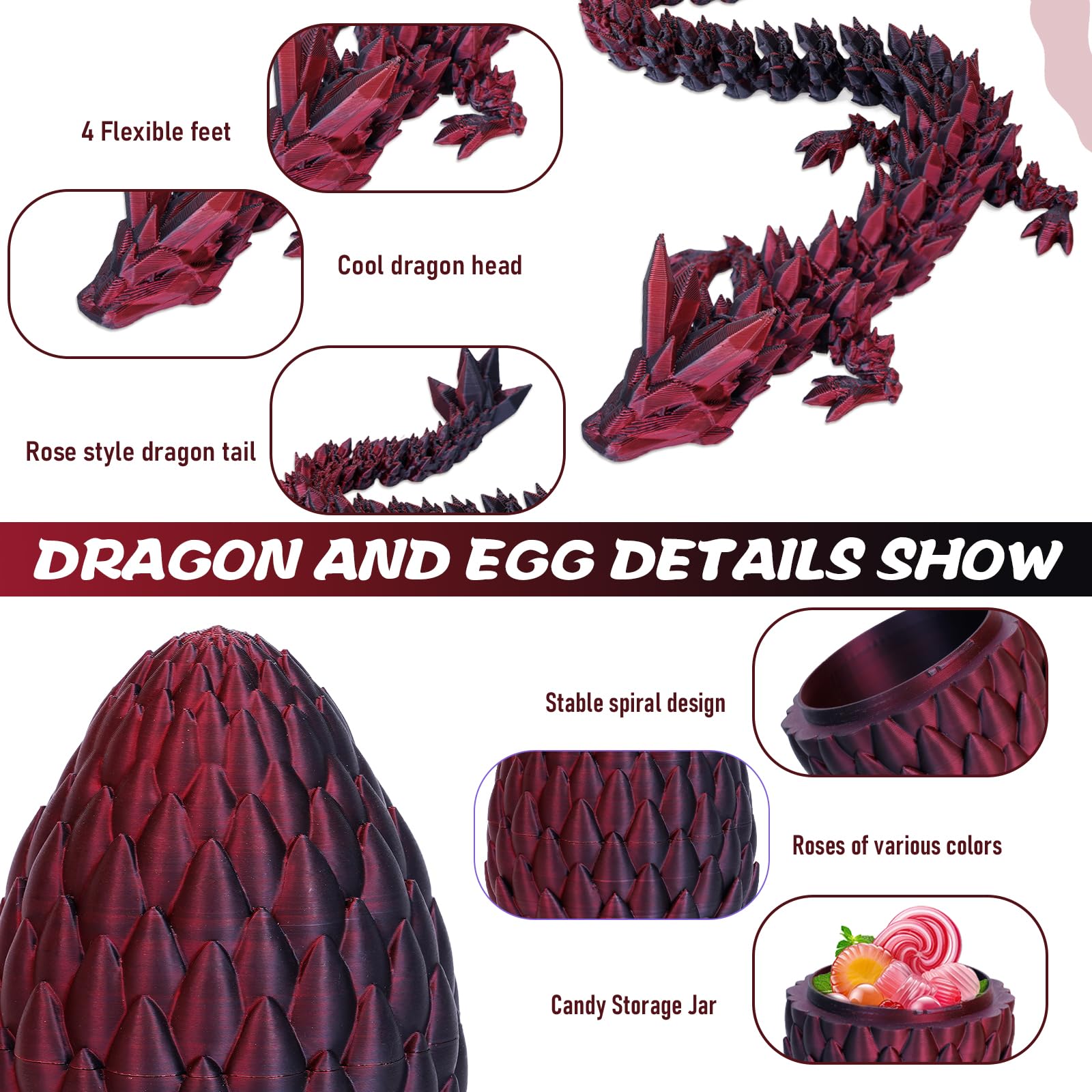 3D Printed Dragon in Egg - Articulated Fidget Toy for Adults, Desk Decor - Red & Black for Stress Relief & Office Fun