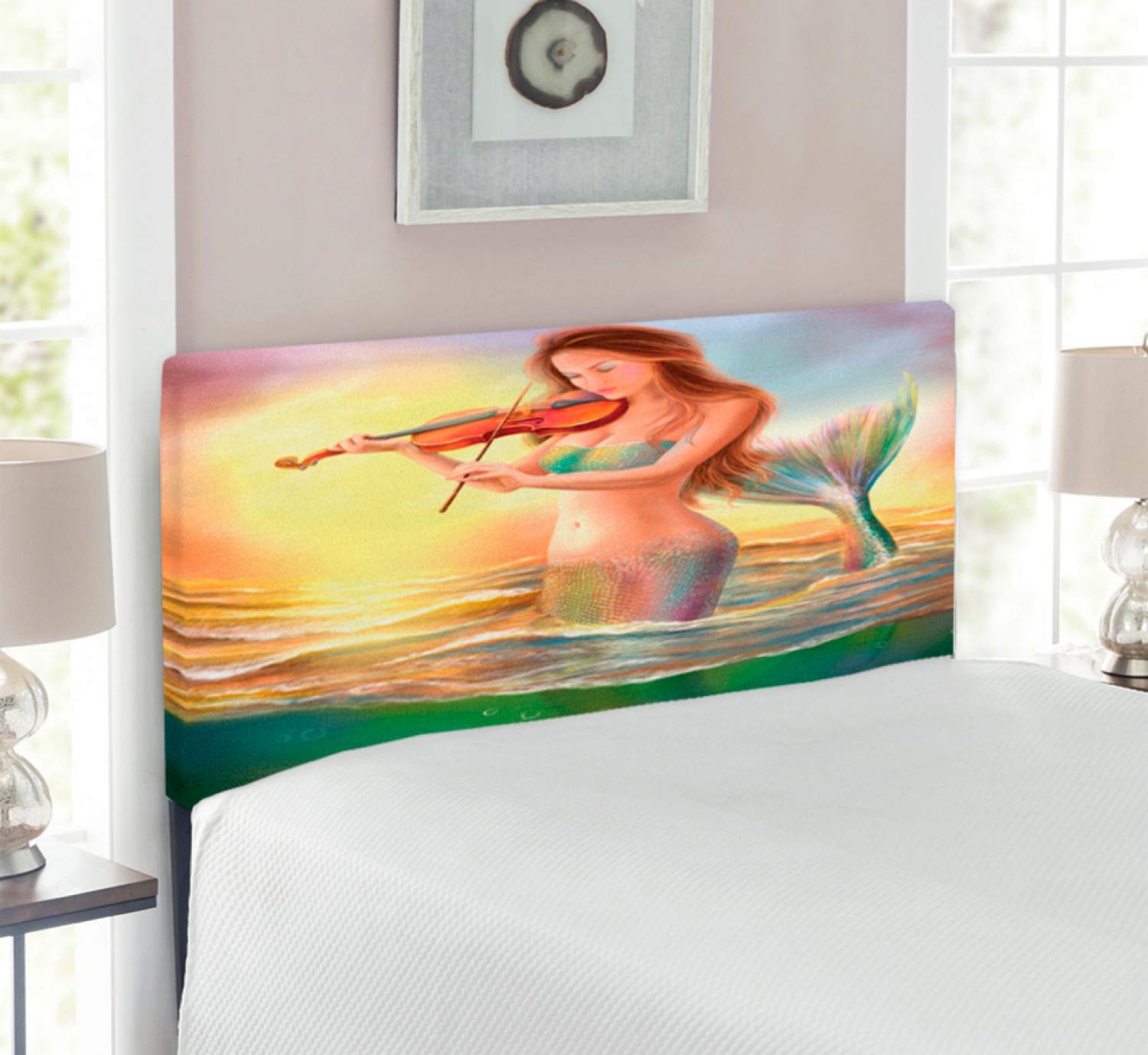 Ambesonne Mermaid Headboard - Colorful Realistic Design with Memory Foam | Twin Size Upholstered Metal Bed Frame | Perfect for Kids' Bedrooms & Coastal Themed Decor