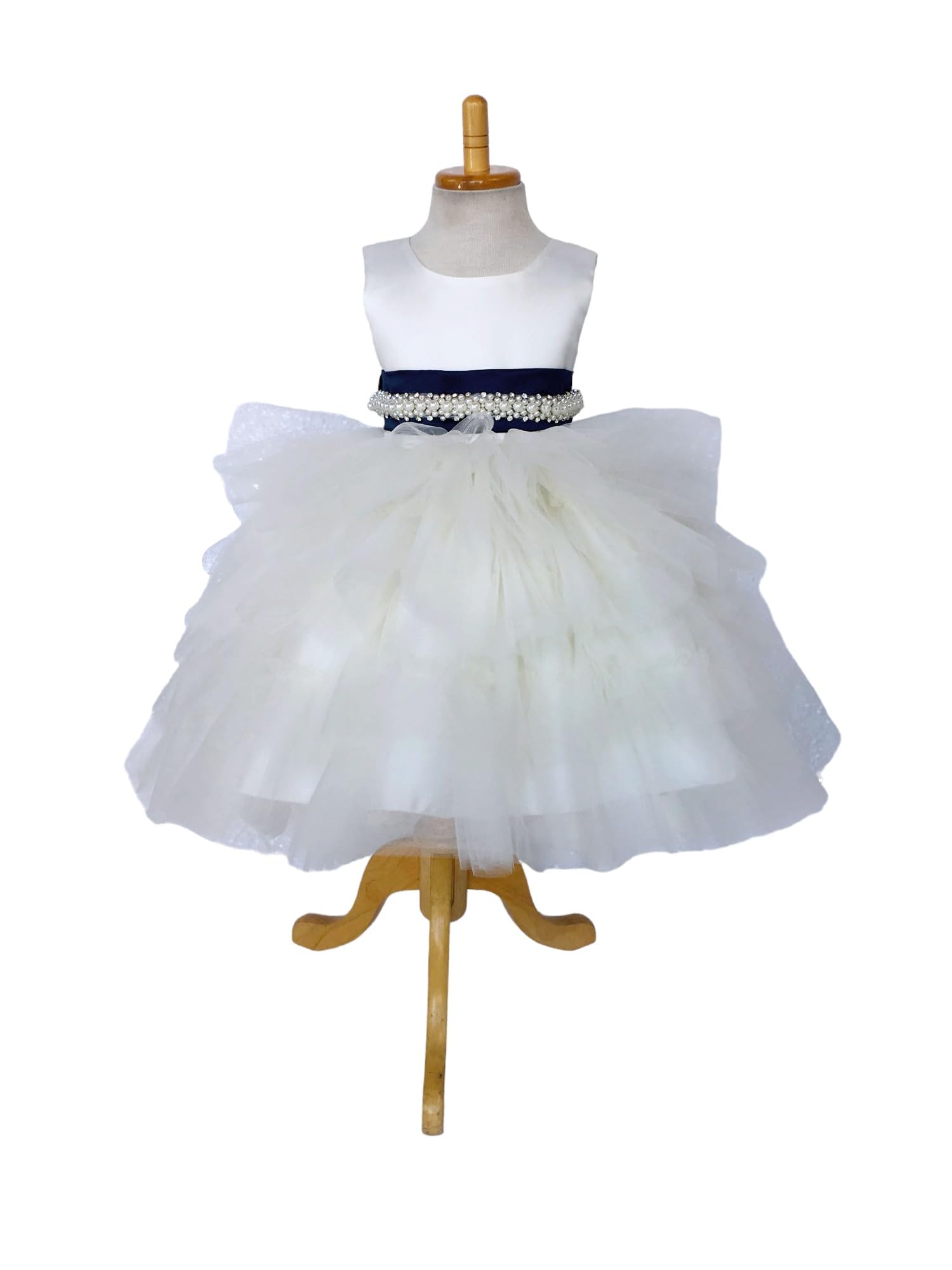 Ivory Sleeveless High-Low Tulle Flower Girl Dress with Ruffle Trim - Perfect for Weddings, Birthday Parties & Special Occasions (Size 16, Includes Navy Blue Accessories)