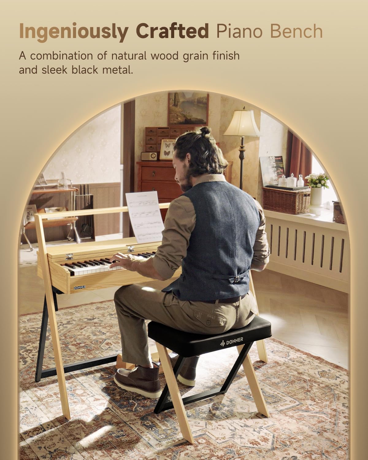 Donner DKB-300 Adjustable Piano Bench with Thick Padding - Light Wood Keyboard Stool for Home, Studio & Church - Comfortable Metal Frame Piano Seat with Cushion for Digital Piano, Keyboard & Organ Players