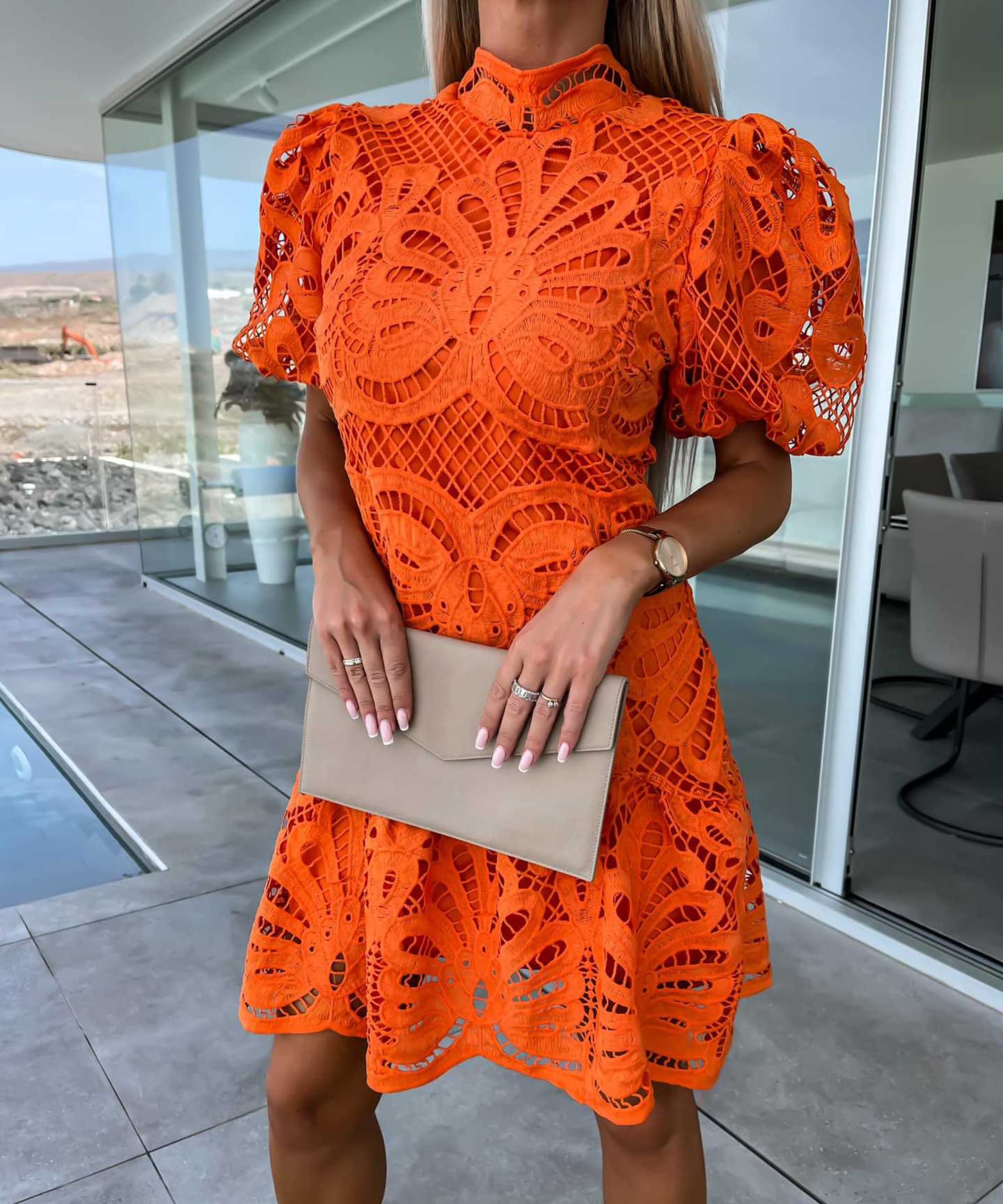 Floral Lace Mini Dress for Women - Summer Short Sleeve A-Line Cocktail Dress with Puff Sleeves & High Neck | Perfect for Wedding Guest, Party, Date Night & Special Occasions